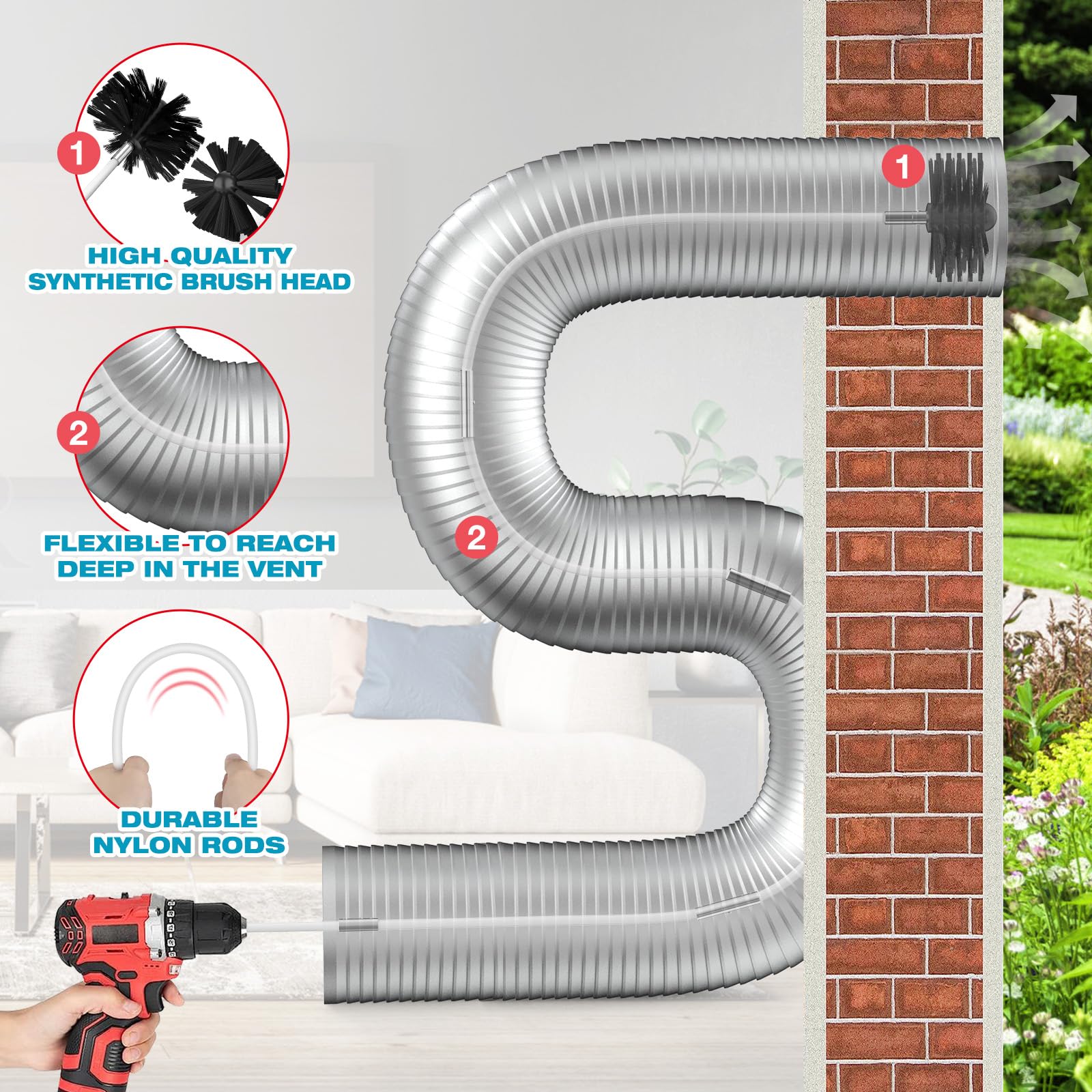 PetOde 10,7 Meter Trocknerentlüftungsreinigungsset, Fusselentferner, verbessertes flexibles Schnellverschluss-Bürstenset mit Bohraufsatz, ausziehbar bis zu 10,7 Meter für einfache Reinigung