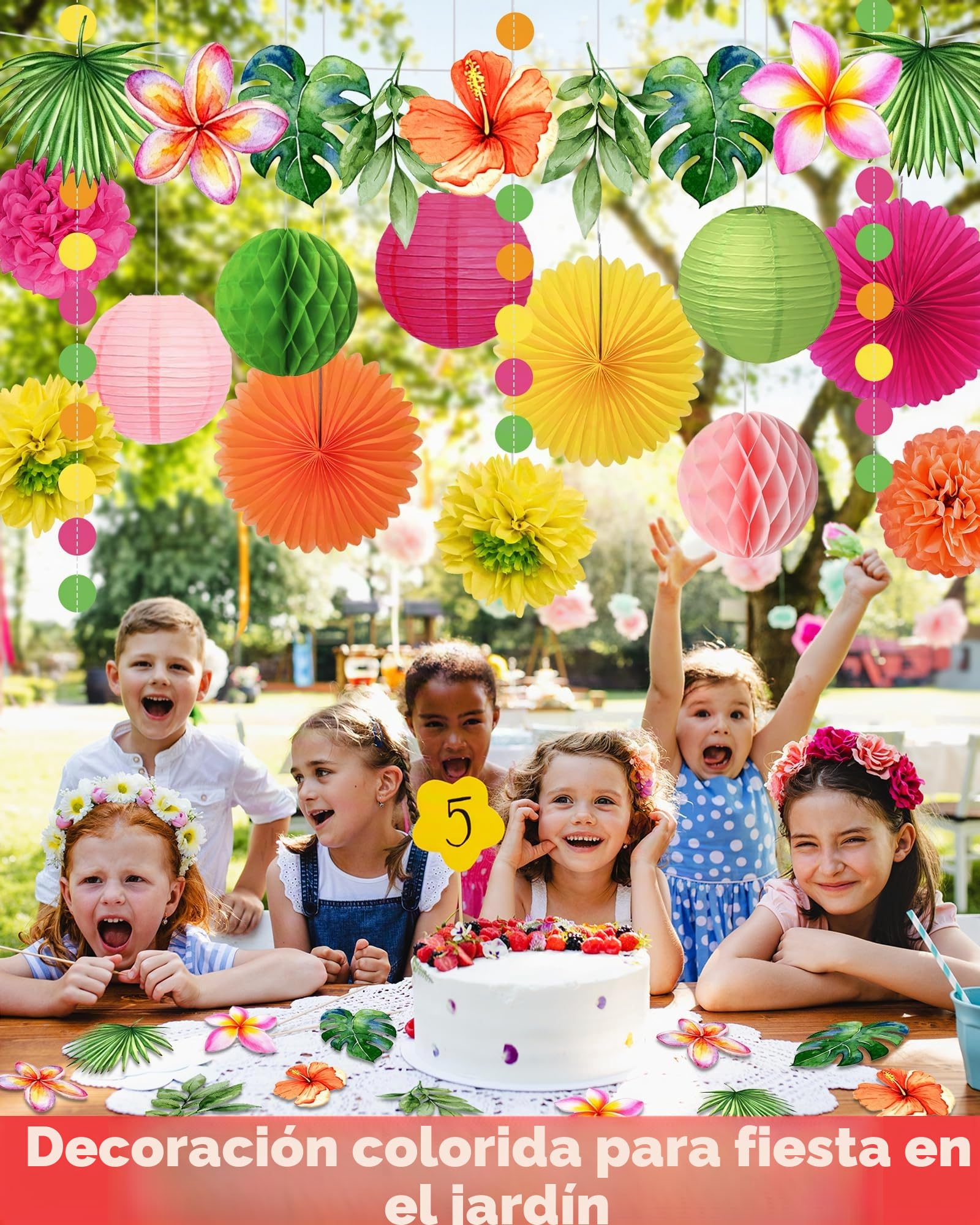 27 Piezas Decoración Hawaii Luau, Decoración Fiesta Hawaiana y Cumpleaños con Abanicos, Flores y Farolitos de Papel, Collares Hawaianos y Elementos Tropicales para Fiesta Playa y Tema Aloha