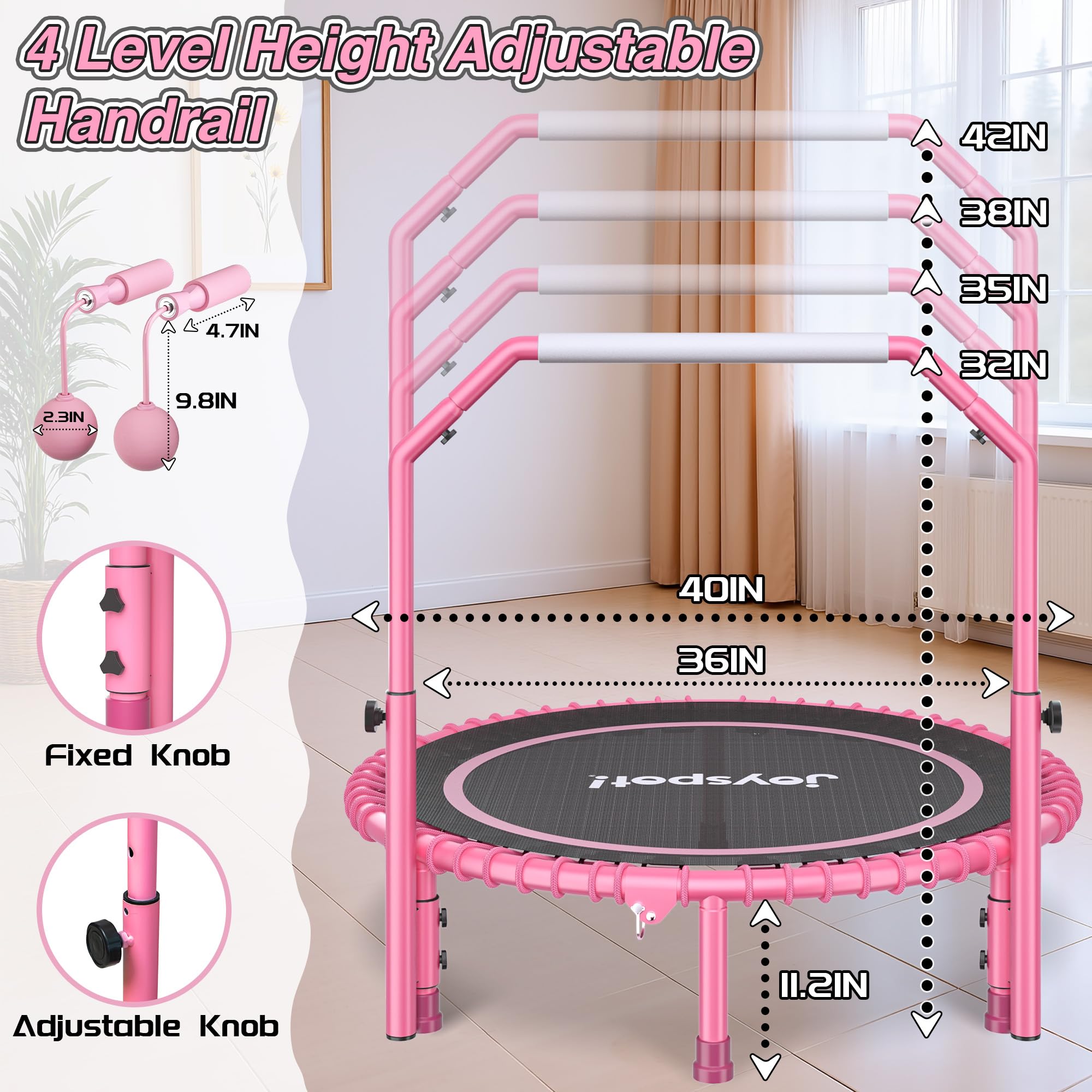 JOY SPOT! Mini Fitness Trampolin, Ø102cm Faltbares Trampoline mit Bungee-Seilen & verstellbarem Griff, Maximale Belastung 204kg, Rebounder Trampolin Indoor Outdoor mit springseile für Heimtraining