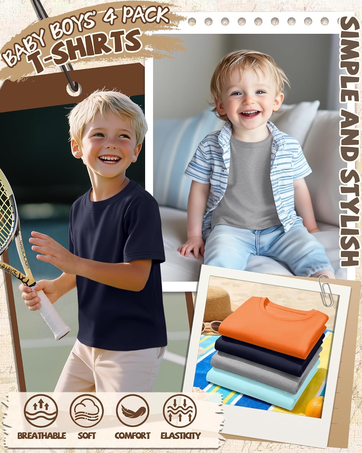 4 Pack Toddler Boys Short Sleeve Shirts Crew Neck Loose Fit Tees Summer Casual Soft Kids Shirts Size 18M-5T