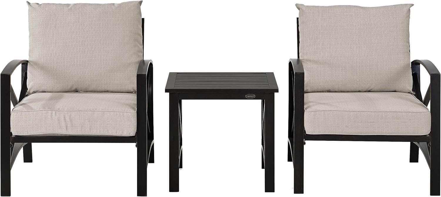 Crosley Furniture Kaplan 3-Piece Outdoor Chair and Side Table Set, Patio Conversation Sets for Porch, Deck, Oiled Bronze with Oatmeal Cushions