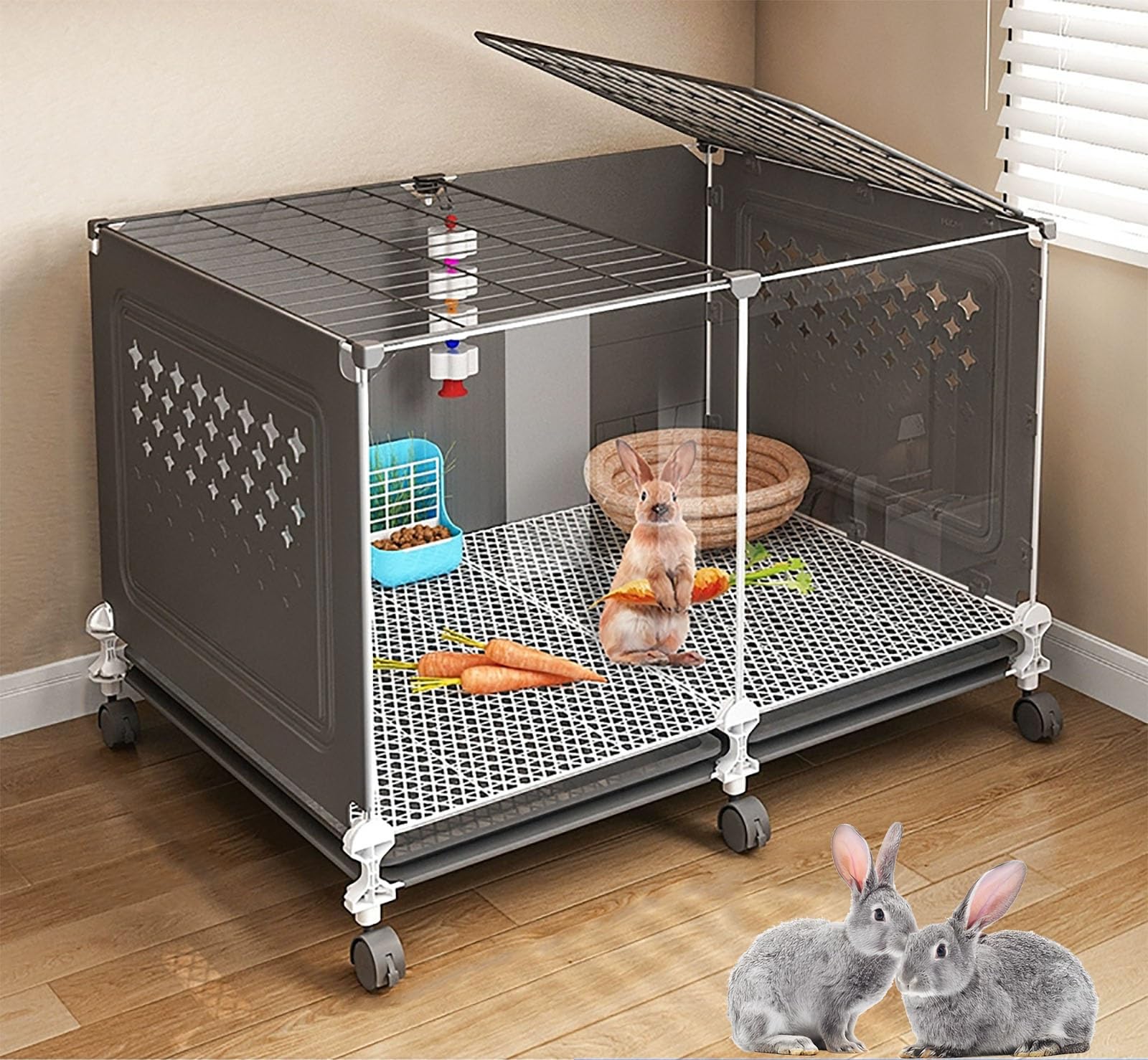 Cage À Lapin D'intérieur, Cage À Lapin De Luxe, Cage À Cobaye, Façade Transparente,(Black,70 * 45 * 45cm)