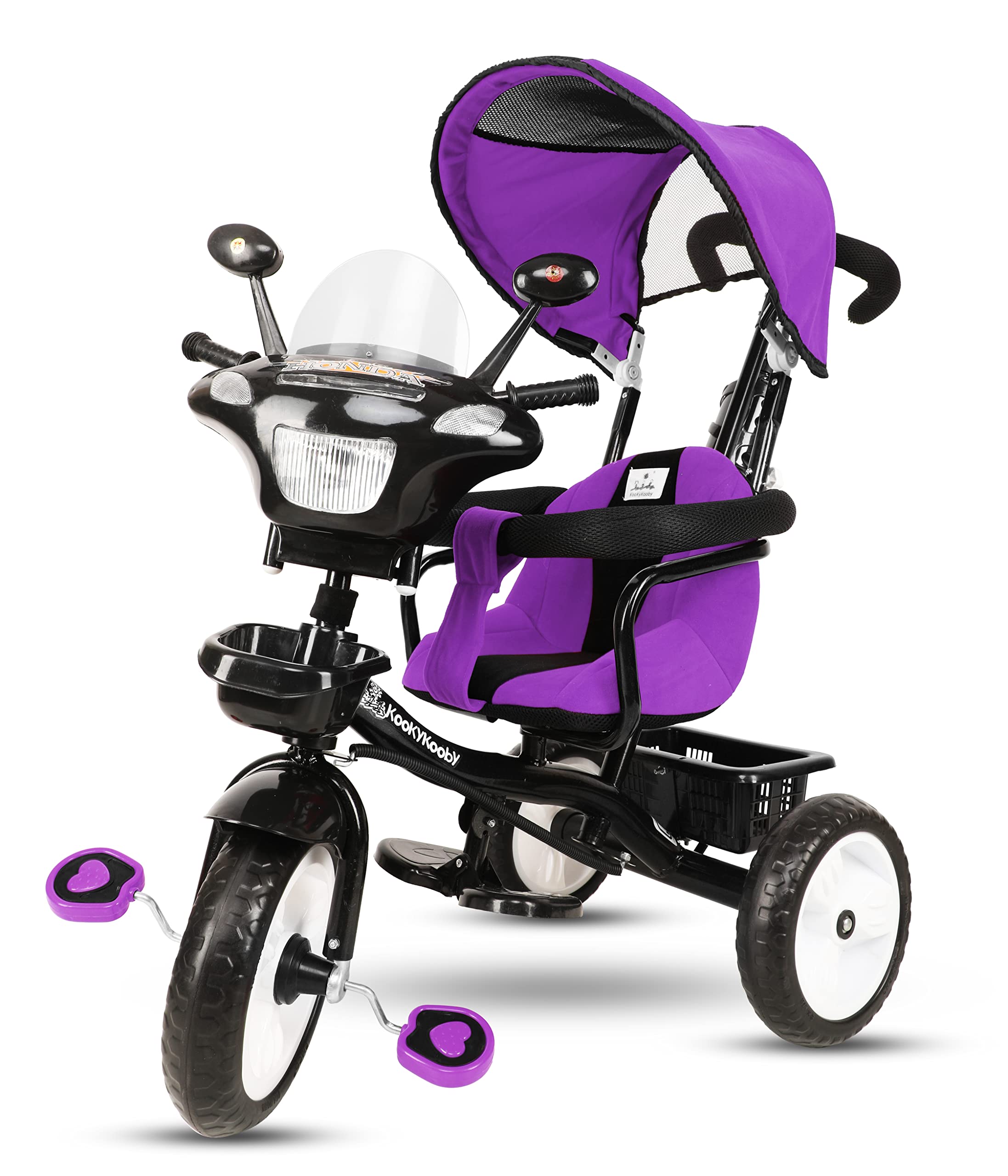 Amardeep Baby Tricycle Adore (1-5 Yrs) Plug N Play Wheels, Musical Rhymes, with Cushioned Seat, Safety Armrest, Parental Control, and Canopy (Purple)