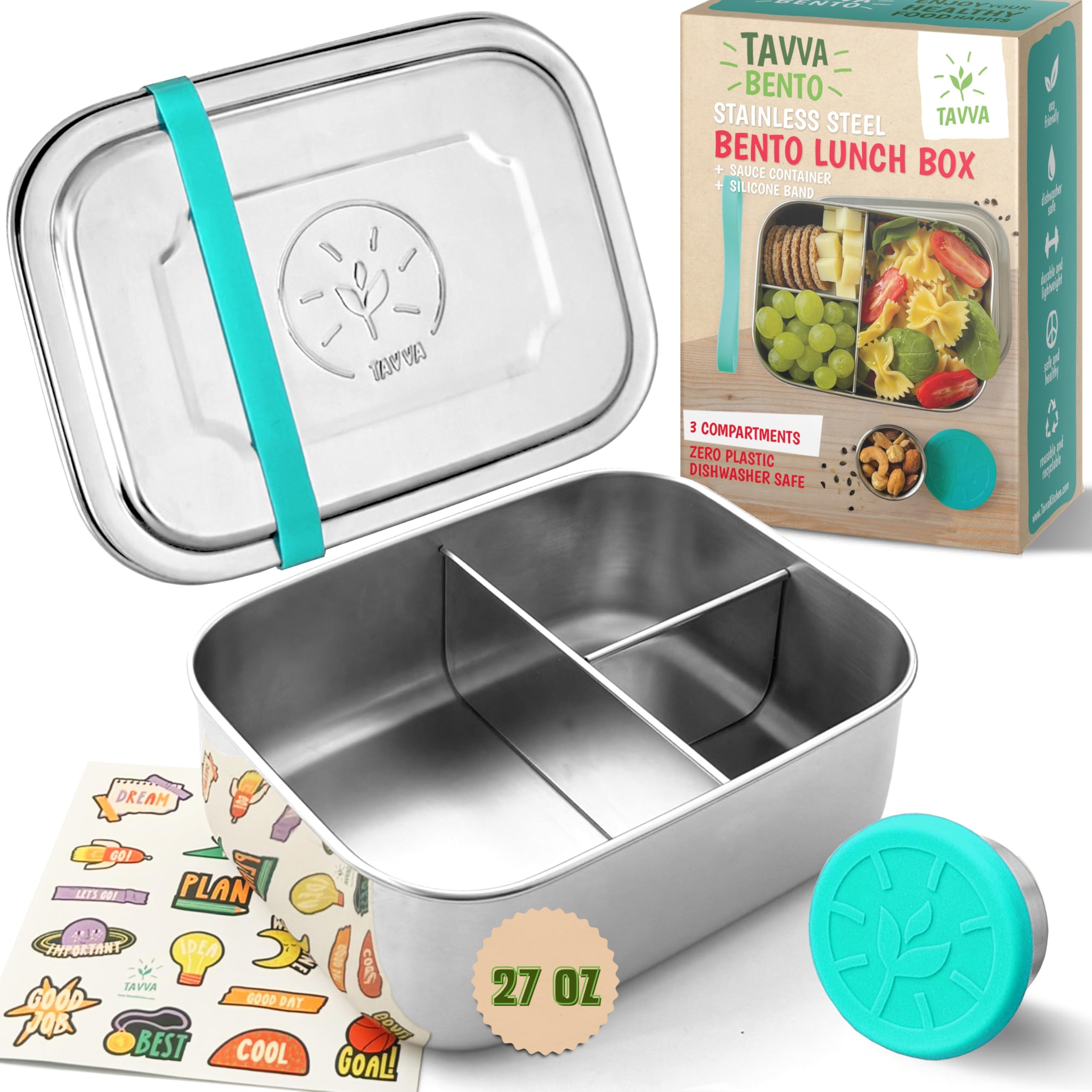TAVVA Stainless Steel Lunch Box for Kids Ages 6-9 | 2-Piece Set | 27oz Metal Bento Box with Steel Lids | 1.7oz Dip Cup with Silicole Lid | BPA-Free |