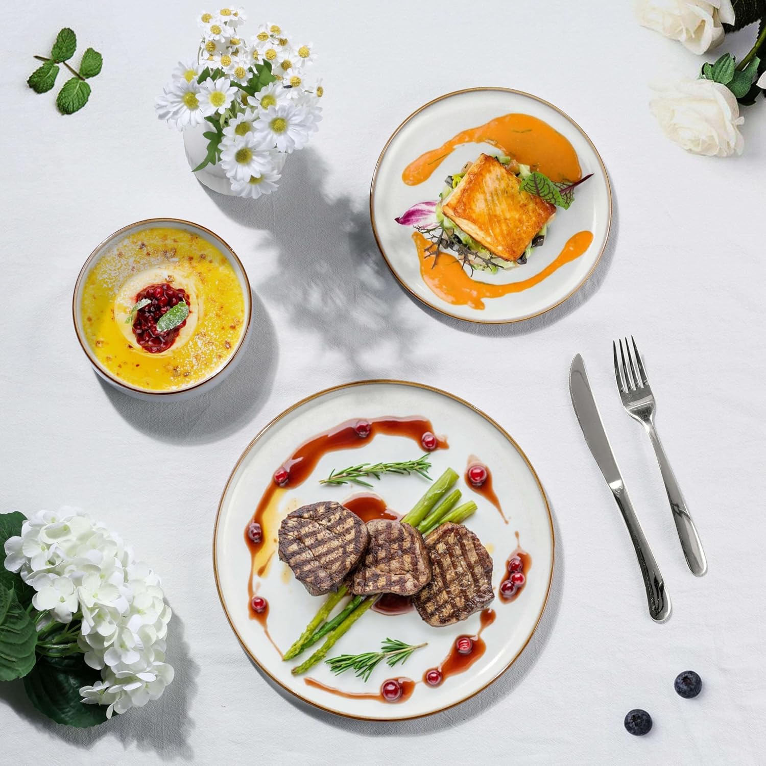 Herogo 16-Piece Dinnerware Set for 4, Ceramic Plates & Bowls Sets with Pasta Bowls, Double Reactive Glaze, Microwave & Dishwasher Safe, Chip Resistant, Ivory White
