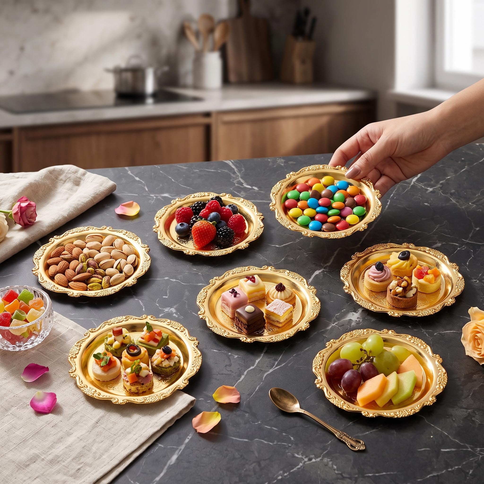 Plaques de Desserts en or, Scoupe à Main en Métal de 6 Pièces 9 Cm, Petites Assiettes pour le Buffet de Mariage et Affichage de Rassemblement