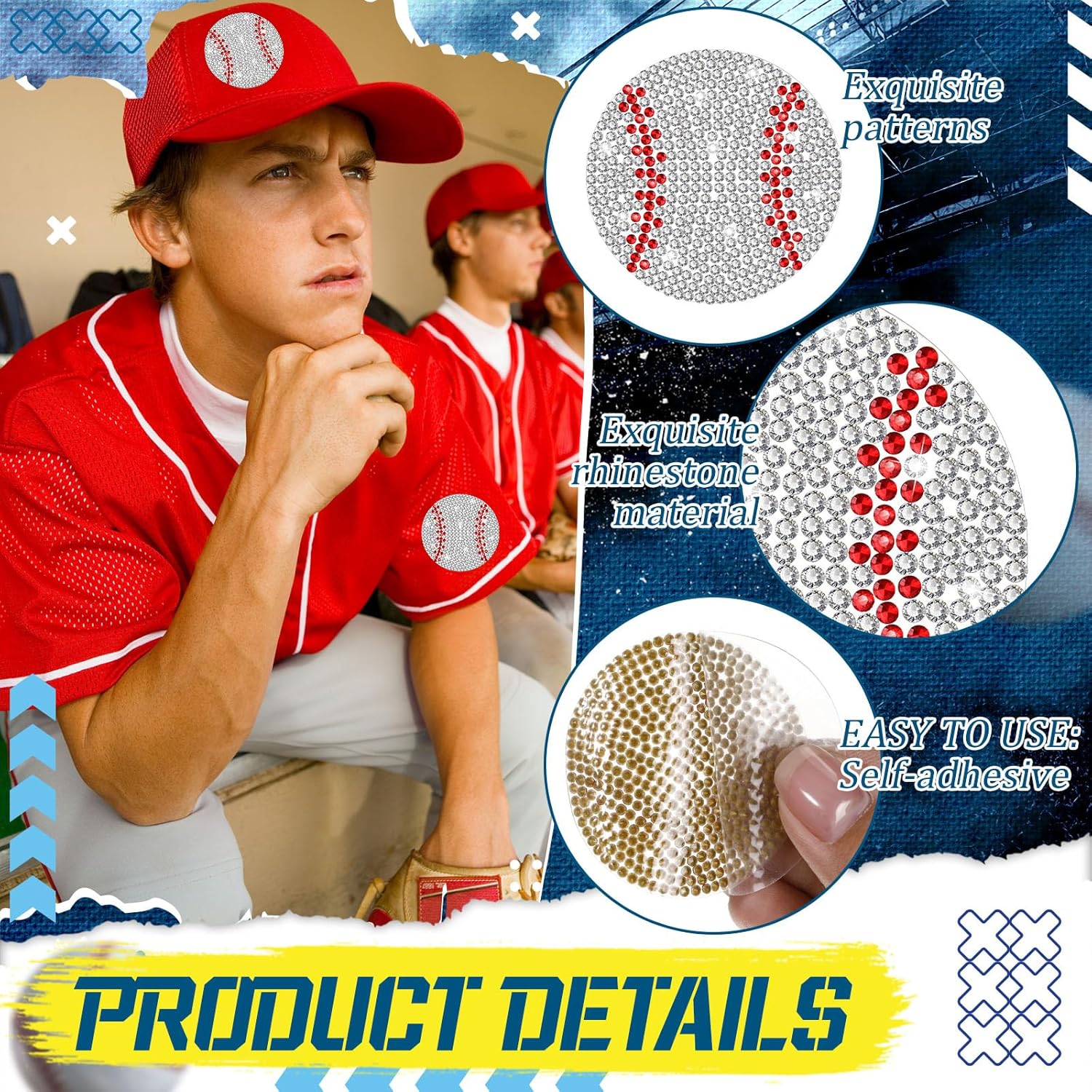 24 Pcs Rhinestones Baseball Patches Bling Baseball Rhinestone Crystal Applique for DIY Crafts Decoration Accessories for Clothes Jeans Hats T-Shirt Backpack Makeup Bag(Self-Adhesive Style)