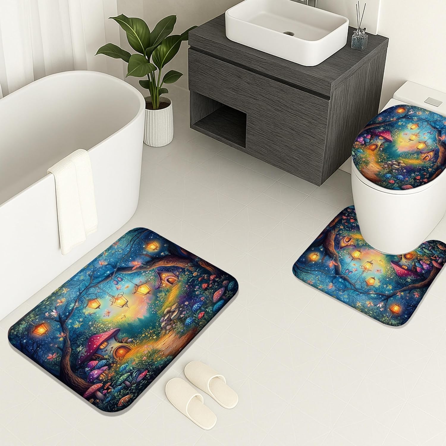 Fanciful Bathroom Mat Sets 3 Piece, Enchanted Forest Lights Absorbent Non Slip Toilet Rugs U Shaped Washable, Fantasy Quick Dry Memory Foam Rug Set