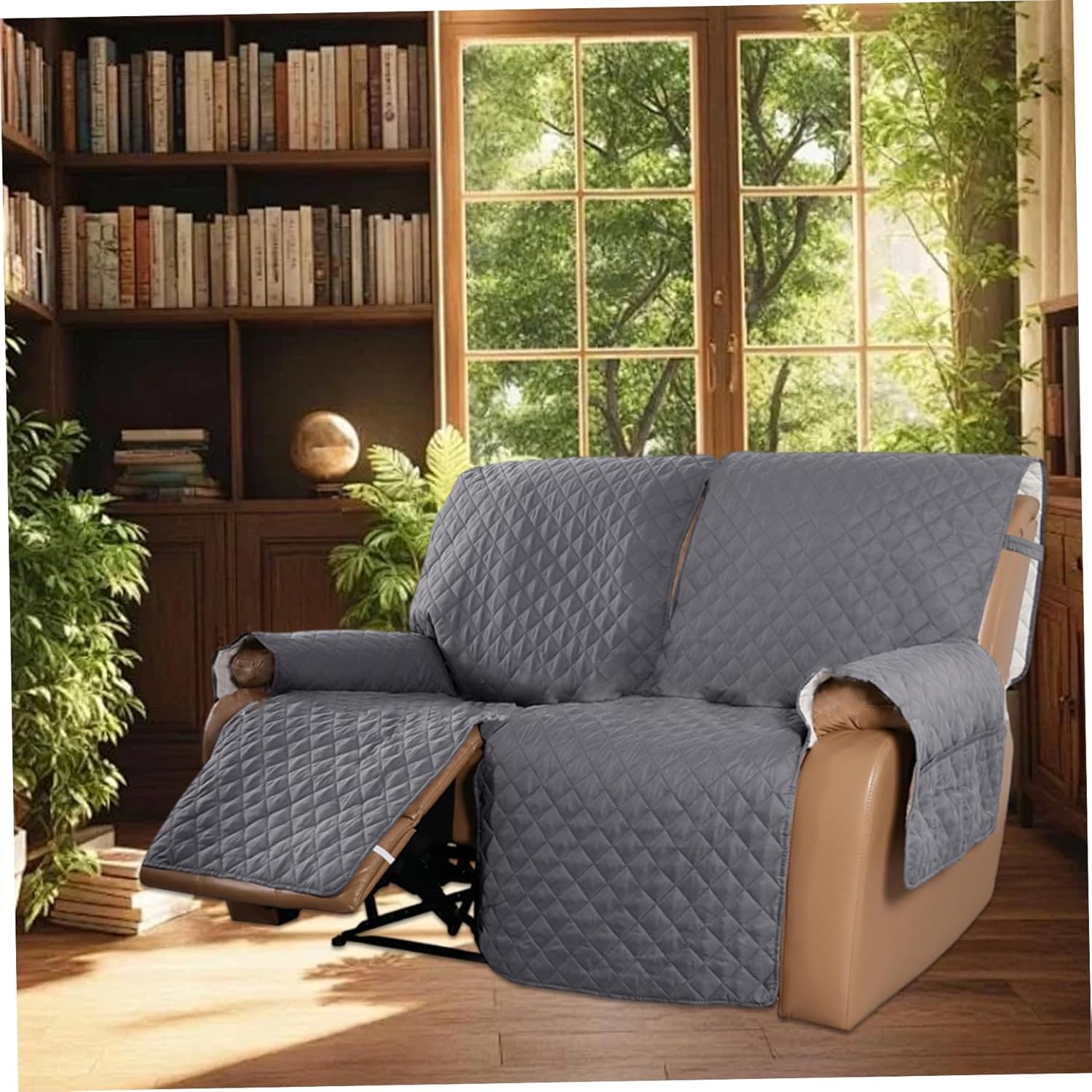 Waterproof Loveseat Recliner Covers 2 Seater – Non Slip Recliner Slipcover with Elastic Straps for 2 Cushion Couch (Grey)