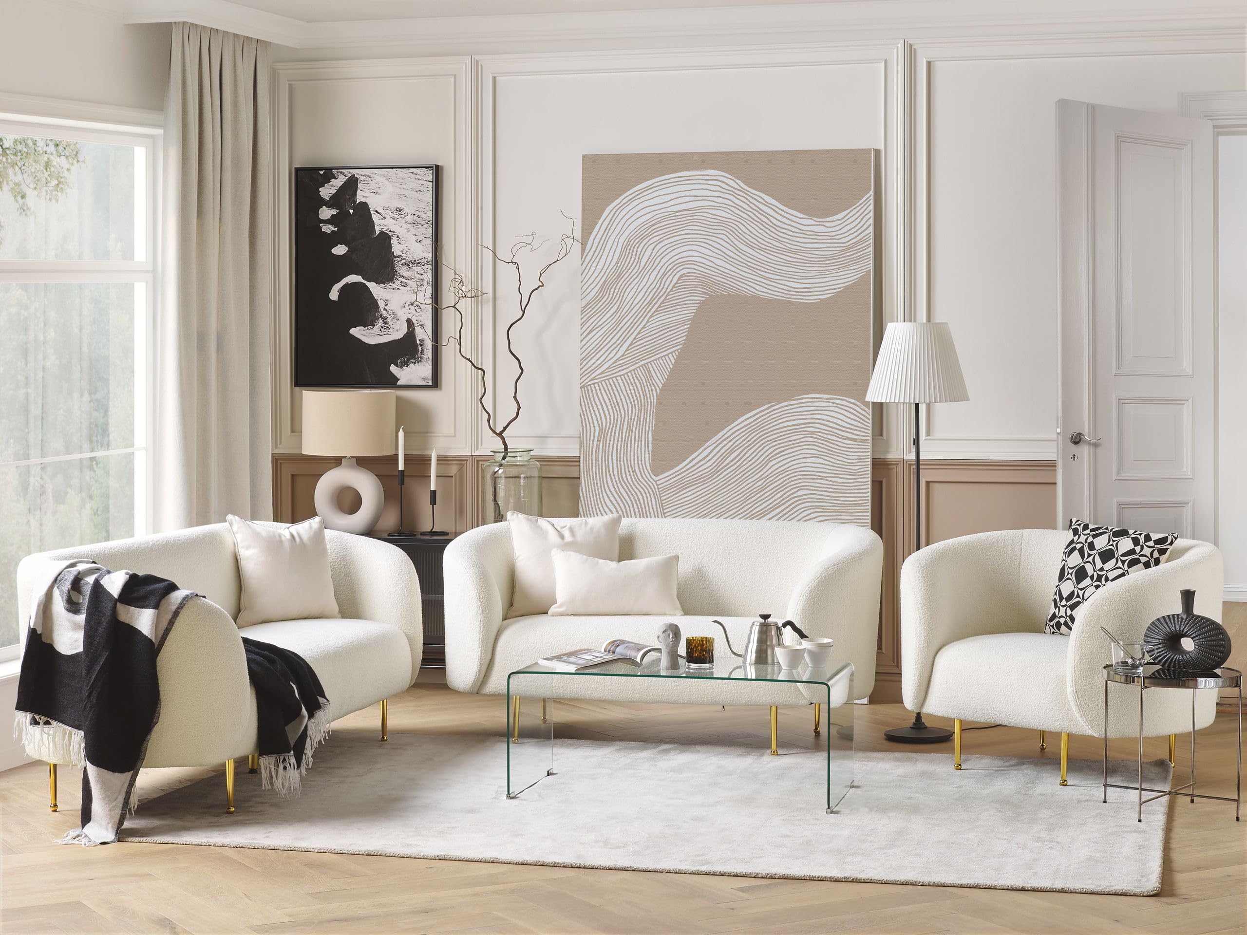 Sofa Set Sitzgruppe im Art-Déco-Stil mit Sessel Bouclé 6-Sitzer weiß Loen