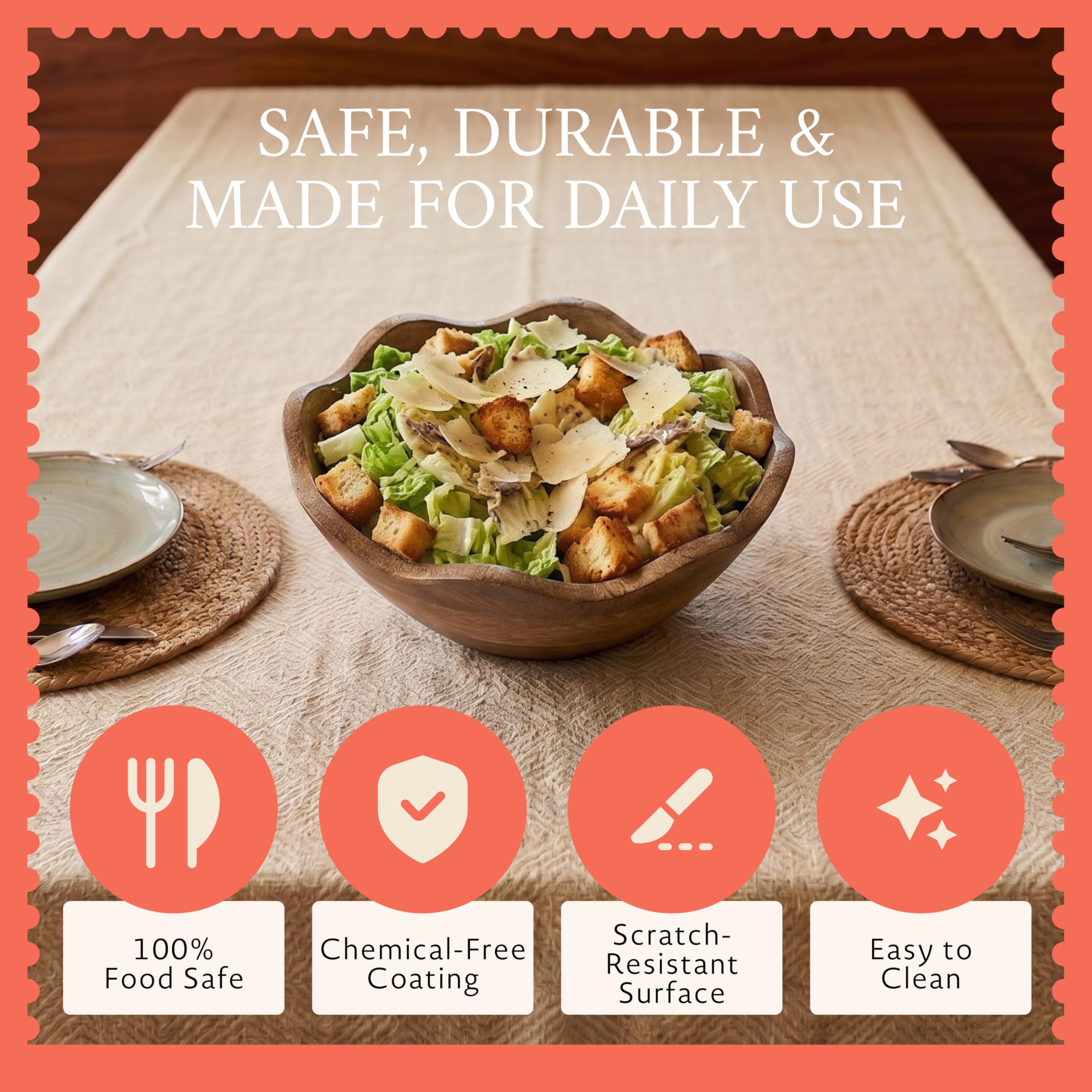 Mela Artisans Cuenco festoneado de madera, mediano, estilo decorativo con volantes, decoración rústica de cocina, madera de mango, acabado de grano natural, se adapta a pan, frutas, ensalada o