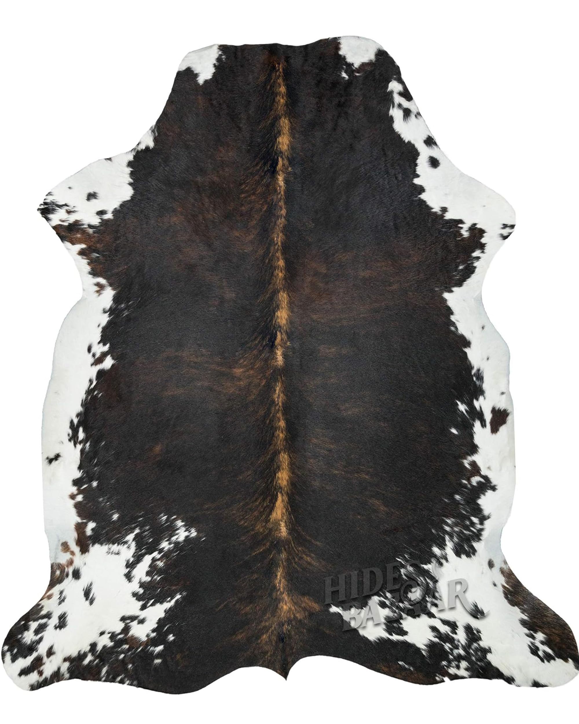 HIDES BAZAAR Brindle Cowhide Rug Premium CowSkin Rugs with Unique Dark Brown, Black & White Pattern - Natural Cowhide Rug Made Tanned Leather Cow Hides - Cow Hide Rugs 6x6-7 ft