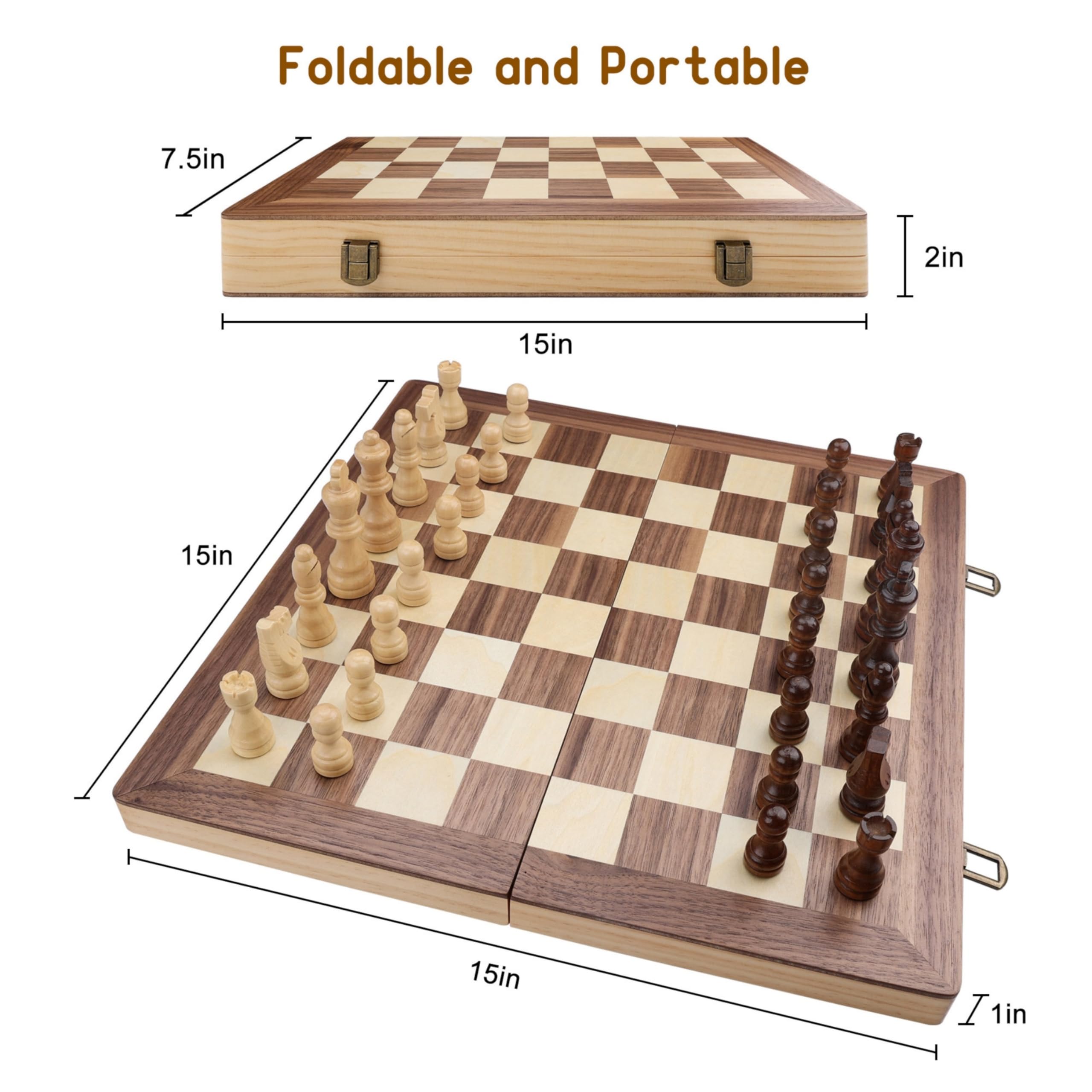 Wooden Chess Set Board Games Portable Folding Chessboard 15x15 Puzzle Game with 32 Solid Wood Chess Piece for Adults and Kids Travel Family Game Gift - Image 2