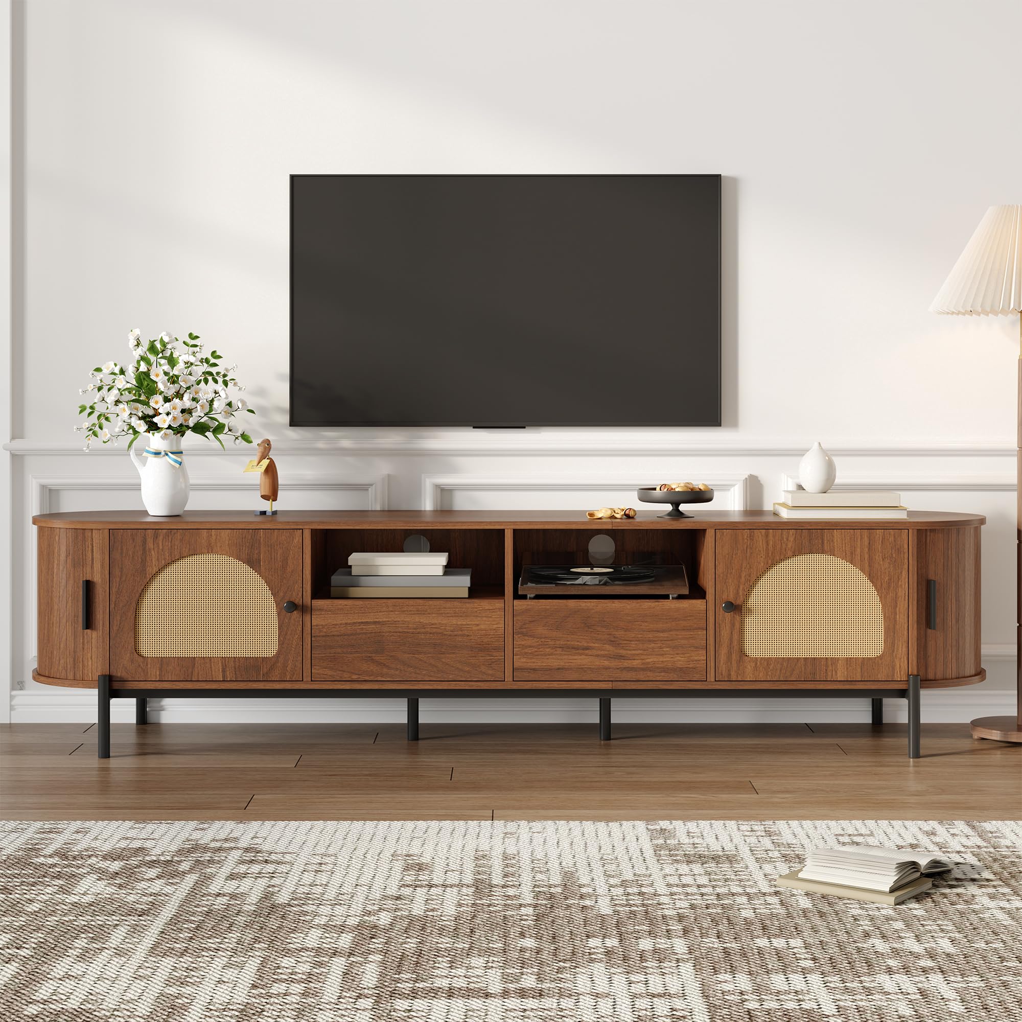 Jaxenor 200cm TV Cabinet, TV Unit with Sliding Doors and Drawers, Walnut