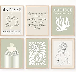 JUJU'S VIBES Sage Green Matisse Wall Art Prints Aesthetic Posters, That Girl Room Decor Neutral Sage Green and Beige Office Wall Art, Boho Bedroom Decor for Women, Teen Girls Room, Living Room,