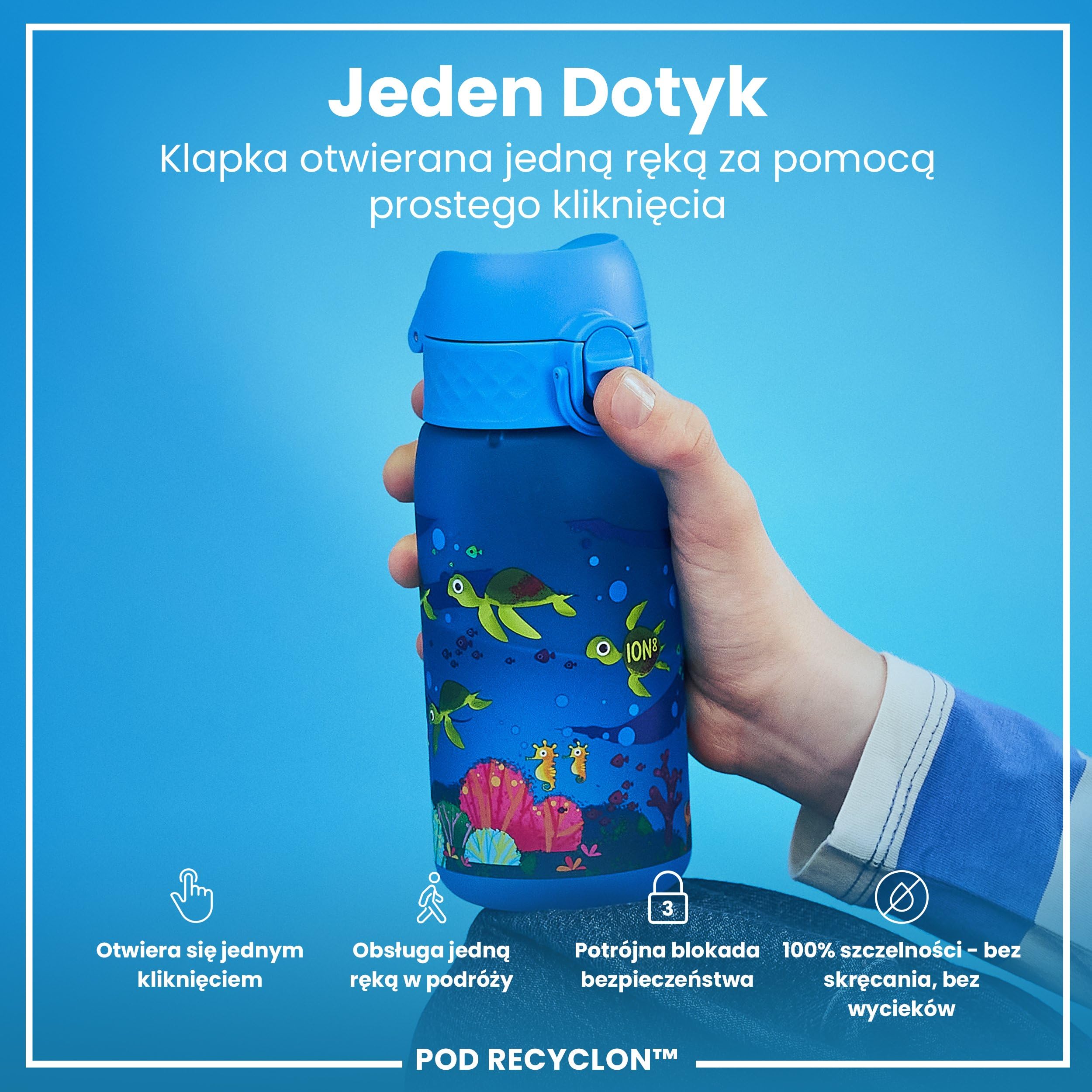 ION8 Butelka dla Dzieci, 350 ml/12 oz, Szczelna, Łatwa do Otwarcia, Bezpieczny Zamek, Można Myć w Zmywarce, Bez BPA, Uchwyt do Przenoszenia, Łatwa do Czyszczenia, Bezwonny, Żółw Morski
