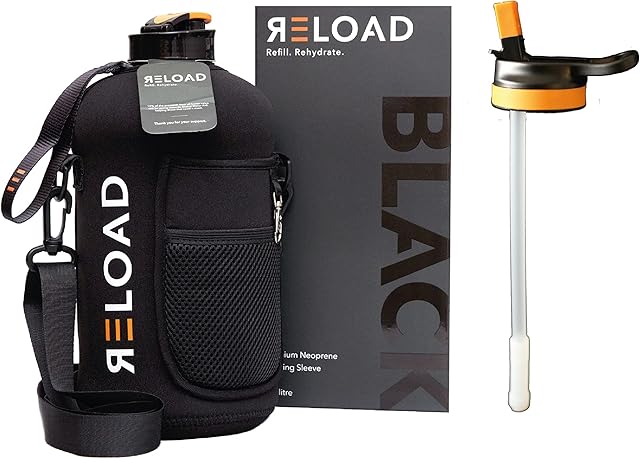 RELOAD Reusable Water Bottle | Hydrate Water Bottle for Gym & Fitness | 2 Lids Included | 1.3L Water Bottle with 2 Built-In Pockets, Carry Handle + Shoulder Strap | Eco-friendly, BPA Free & Leak-proof