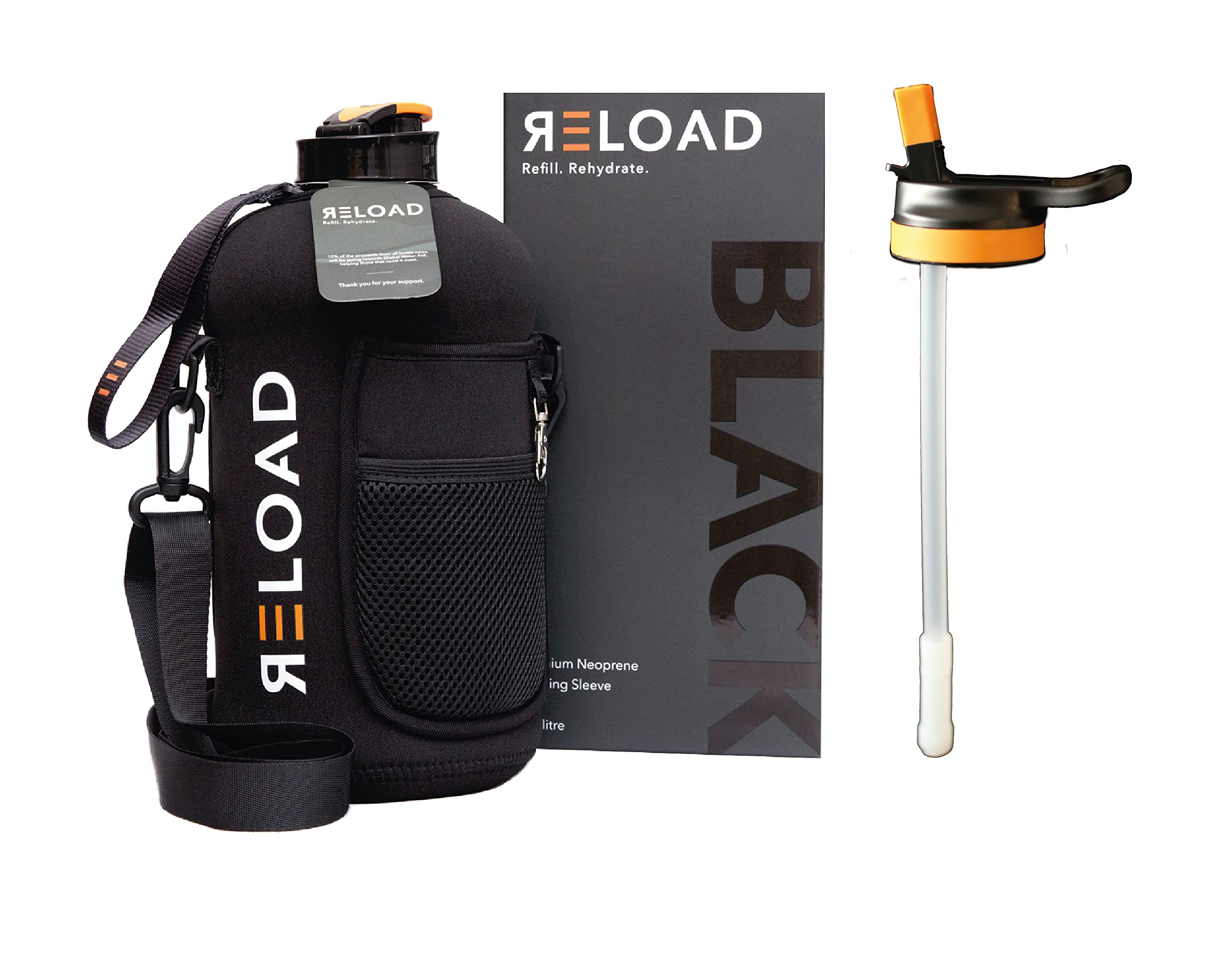 RELOAD Official 1 litre Water Bottle |1.3L| Gym Water Bottles with Straw Lid | Sports Water Bottle 1l | 2 Built-In Pockets Carry Handle + Shoulder Strap | Kids Water Bottles | BPA Free & Leak-proof