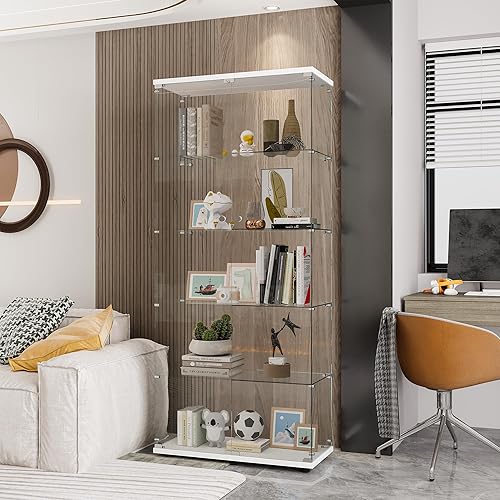 Miniatura 15 de Vitrina de cristal con 4 estantes con tira de luces LED y cerradura, vitrina de vitrina con ruedas y 1 puerta, vitrina de vidrio templado para sala