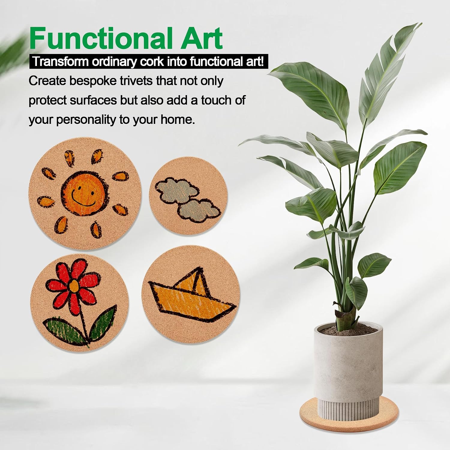 Cork Trivet, 4 Pack High Density Thick Cork Coasters Set for Hot Dishes, 7.5 Inch Heat Resistant Multifunctional, Hot Pads for Kitchen, Table, Countertops