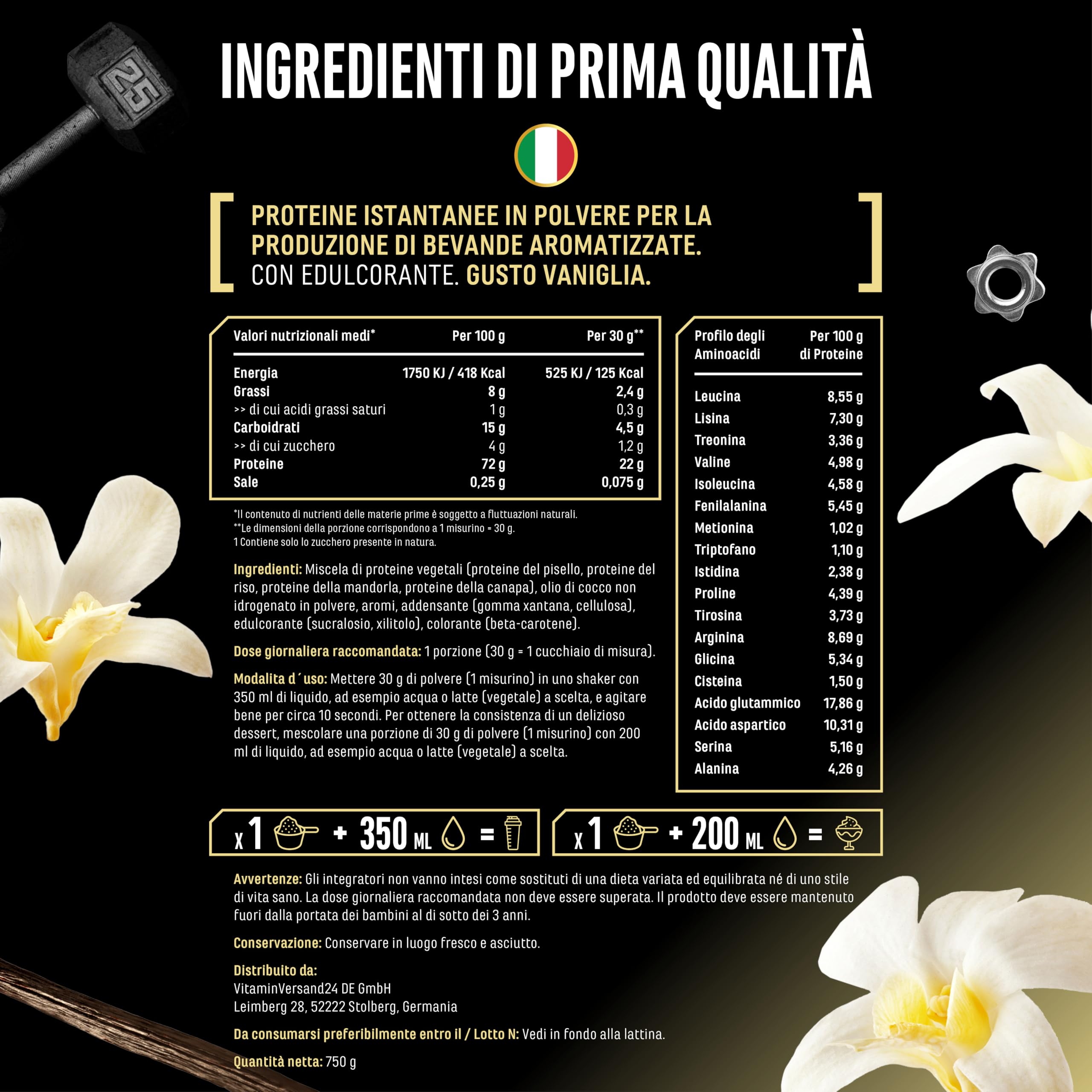 Proteine vegane in polvere - Proteine vegetali da piselli, riso, mandorle e canapa - Senza soia - Deliziose e cremose - (750 g, vaniglia)