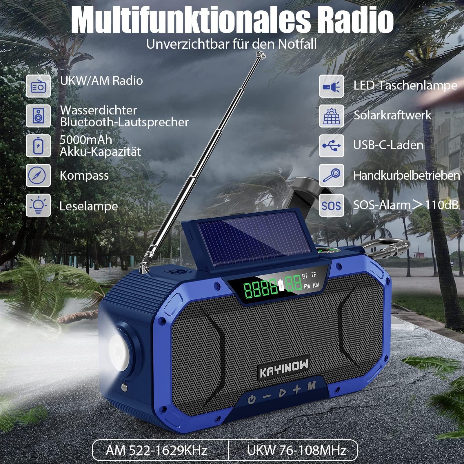 KAYINOW Dynamo Solar Survival Radio - Głośnik Bluetooth, wodoodporne przenośne radio AM FM, 5000 mAh, akumulator, korba akumulatorowa, wielofunkcyjne radio awaryjne, kemping, SOS, latarka