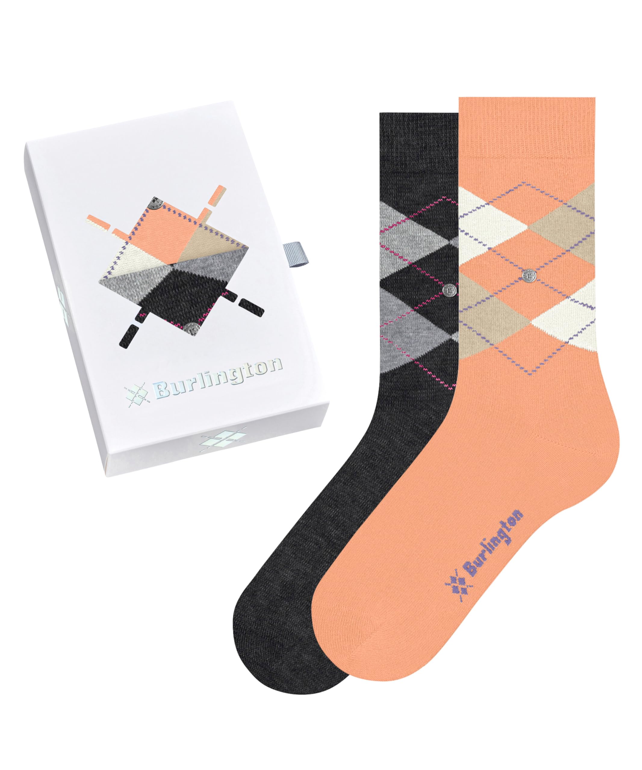 Burlington Women's Multicolored Black Orange Mix 0059 Basic Gift Box W So Cotton Patterned Socks 2 Pairs, 3.5-7
