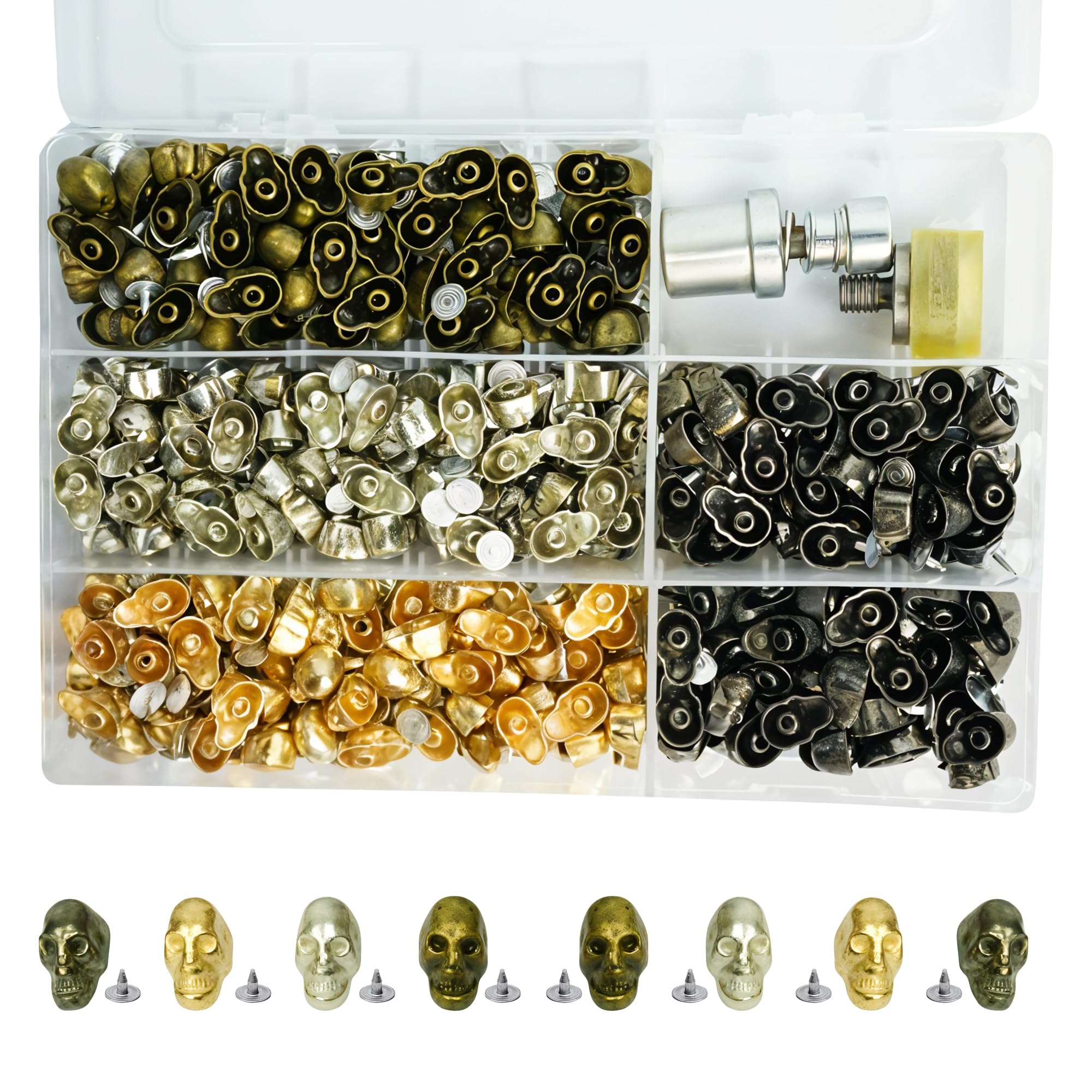 Trimming Shop Kit de pernos de cabeza de calavera de 9 mm x 15 mm con juego de troqueles para máquina verde, 400 remaches de metal para manualidades en cuero, chaquetas, mezclilla, ropa gótica, bolsos