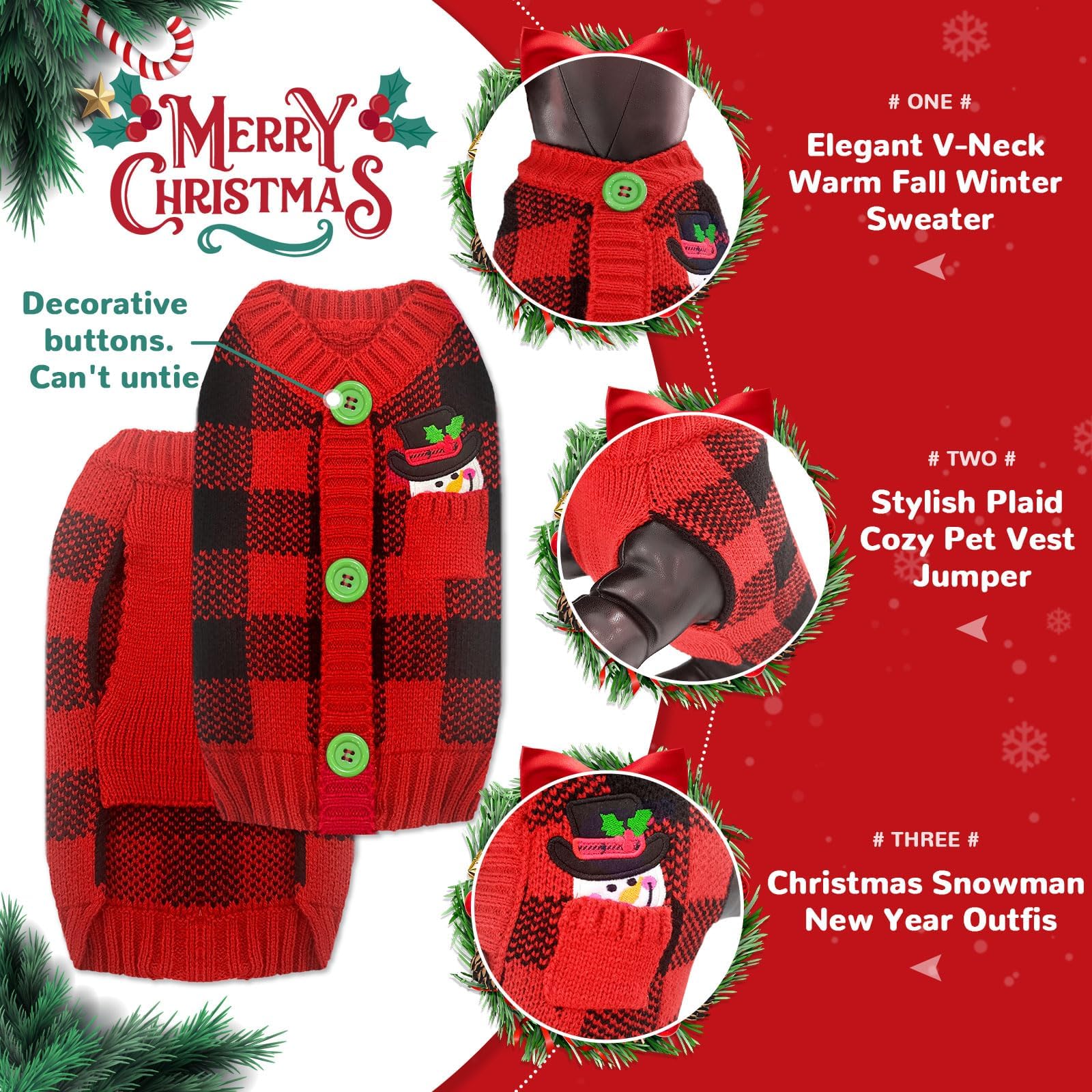 HRTTSY Dog Christmas Jumper Outfits V-Neck Red Plaid Snowman Puppy Dogs Sweater Clothes for Small Medium Large Dog Cat Warm Winter Knitwear Pet Pullover Vest,XX-Small (Decorative Buttons. Can't Untie) - Image 3