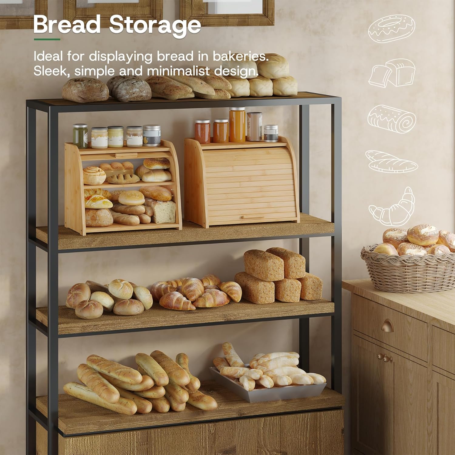 kiplant Bread Box for Kitchen Countertop, Large Bamboo Wood Bread Box, Wooden Corner Bread Storage Capacity