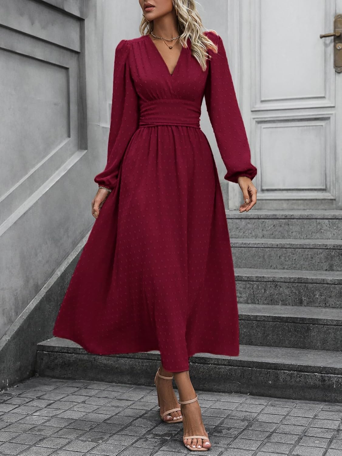 Mettclasi Women's Spring Fall Swiss Dot V Neck Maxi Dress Casual Puff Long Lantern Sleeve A-Line Flowy Dress - Image 2