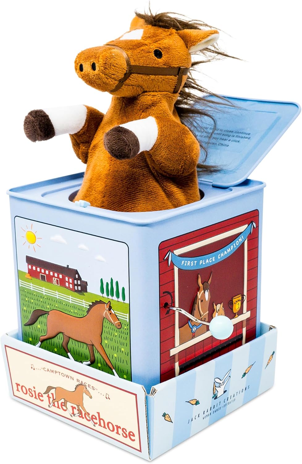 Jack Rabbit Creations: Rosie The Racehorse - Classic Music Jack in The Box Toy, Plush Brown Horse, Side Crank Plays Song, Surprise Pop-Up, Kids Age 3+
