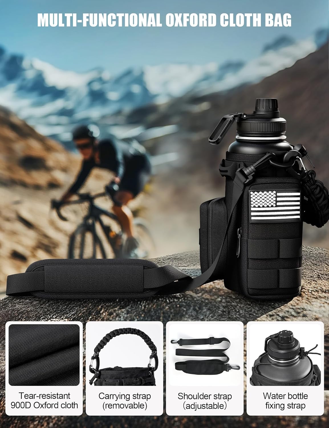 Tactical Water Bottle with Straw, 32 Oz Insulated Water Jug with Molle Water Bottle Holder, Stainless Steel Sport Bottle with 2 BPA Free Lids for Gym Workout Hiking (Black) - Image 4