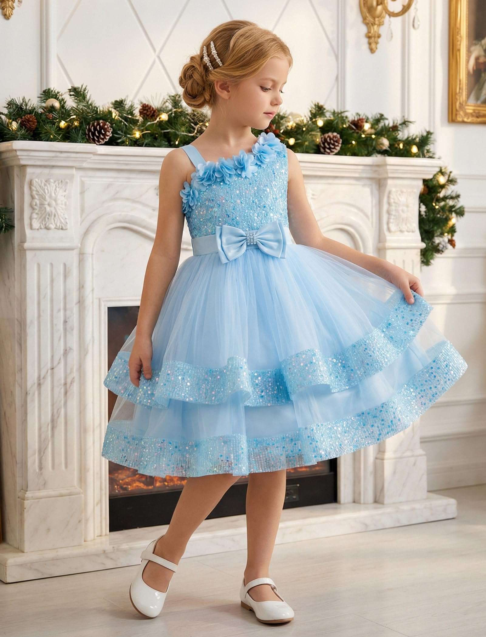 ABEHIK Vestido de princesa de lentejuelas para niñas, vestido de verano de malla de flores, tutú para fiestas, vestido de boda festivo para niños