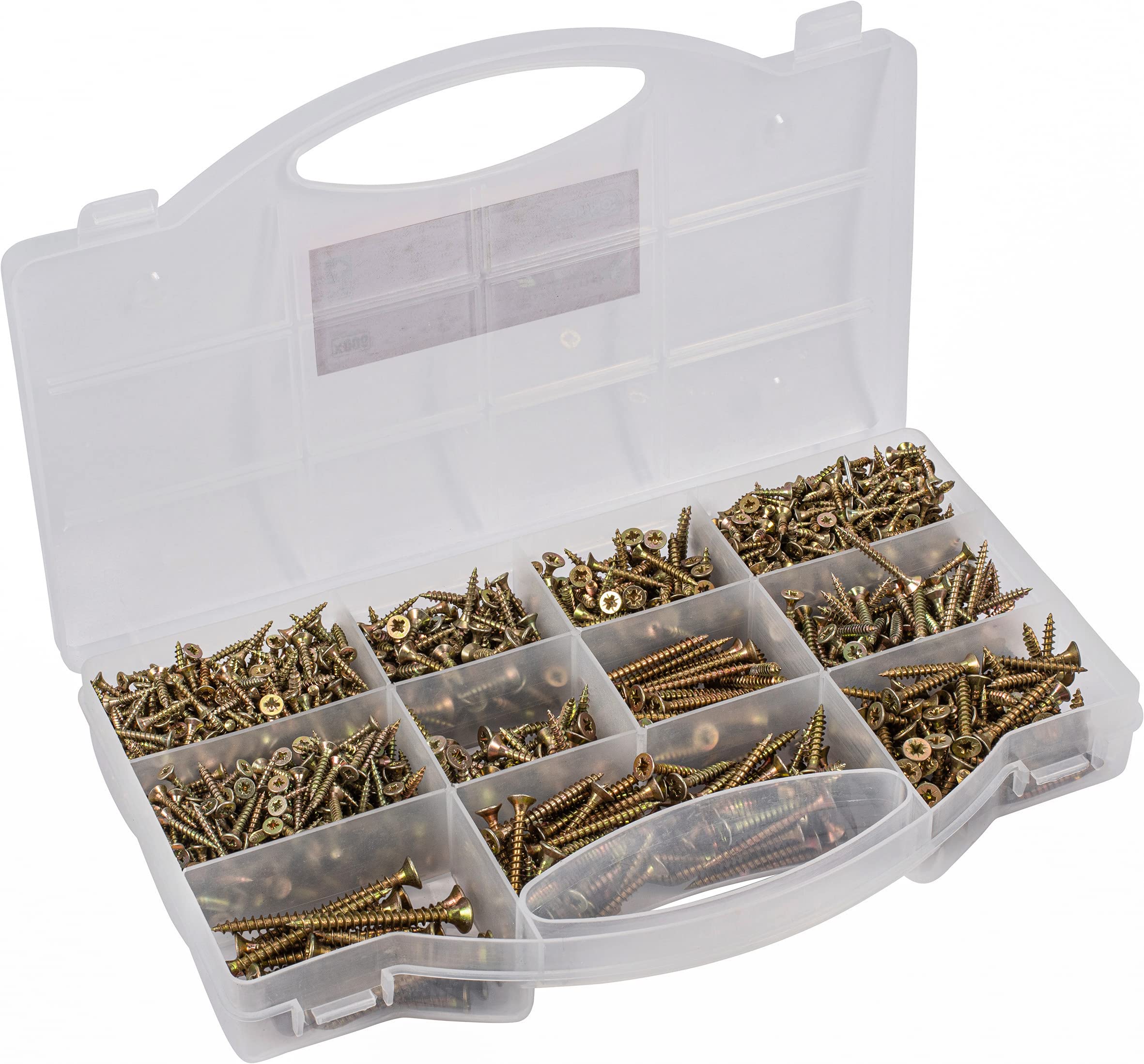 Connex Universalschrauben-Sortiment 900-teilig - Diverse Größen - Senkkopf - PZ Pozidriv-Antrieb - Vollgewinde - Gelb verzinkt / Schrauben-Set / Sortimentskasten / DP8500131