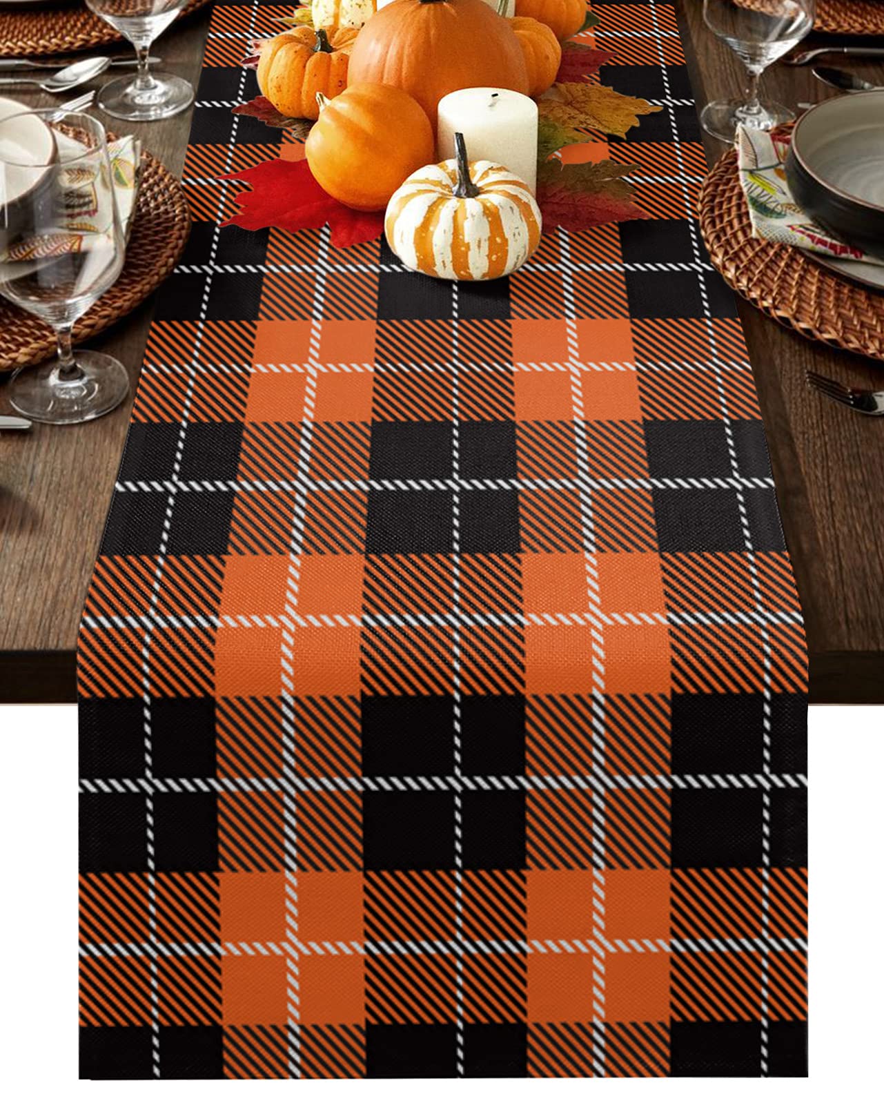 SIGOUYI Holiday Table Runners 13x120 Inches, Thanksgiving Orange and Black Lattie Cotton Linen Kitchen Table Runner for Wedding and Everyday Use, Non-Slip Burlap Rectangle Table Setting Decor