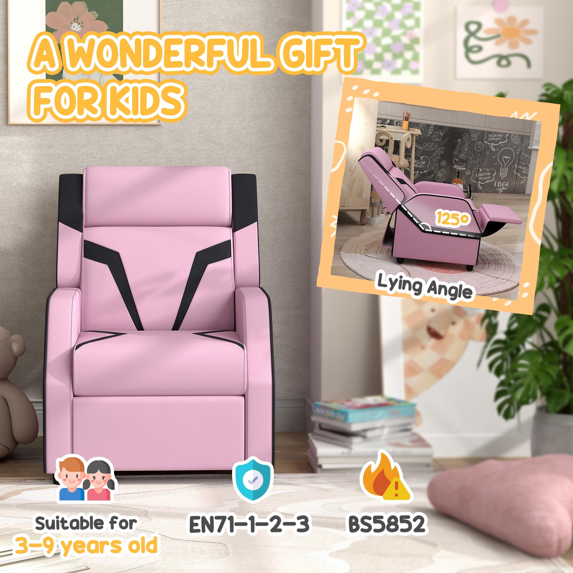 AIYAPLAY Sillón reclinable para niños, 2 en 1 Sillón reclinable para juegos de niños con respaldo, reposabrazos, reposapiés, de salón de cuero de PU para sala de juegos, dormitorio, habitación