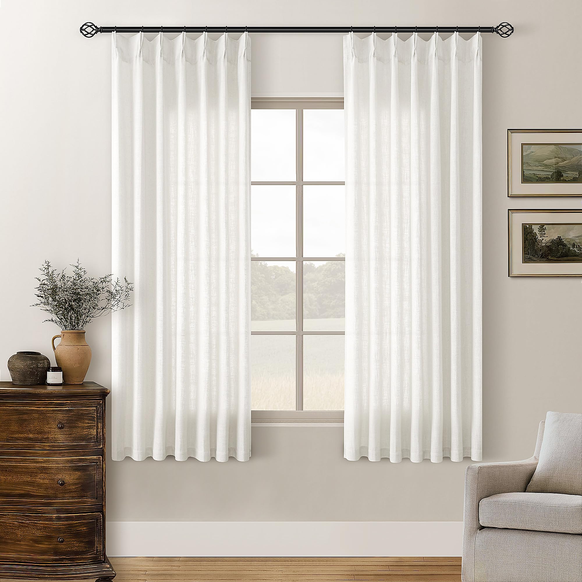 TWODRAPES Beige White Pinch Pleated Linen Curtains 63 Inch Length 2 Panels