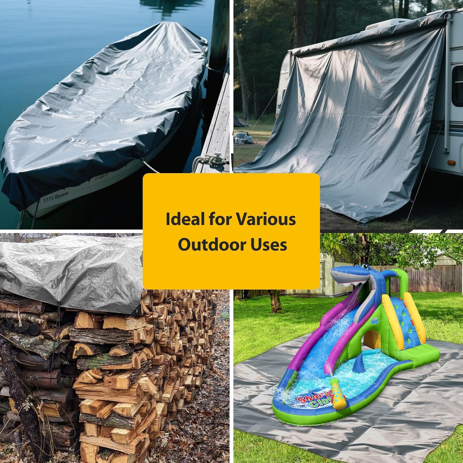 Action Air Heavy Duty Waterproof Tarp, 15x17 Feet, Double-Sided, Gray, 16mil Thickness for Inflatable Bouncer