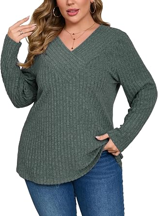 Plus Size Sweaters for Women Casual V Neck Tops Long Sleeve Shirts Oversized Lightweight Knit Sweater