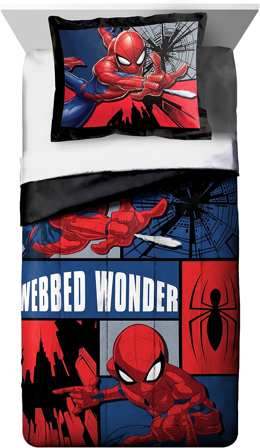Jay Franco Marvel Spiderman Webbed Wonder Twin Comforter & Sham Set - Super Soft Kids Bedding - Fade Resistant Polyester Microfiber Fill (Official Marvel Product)