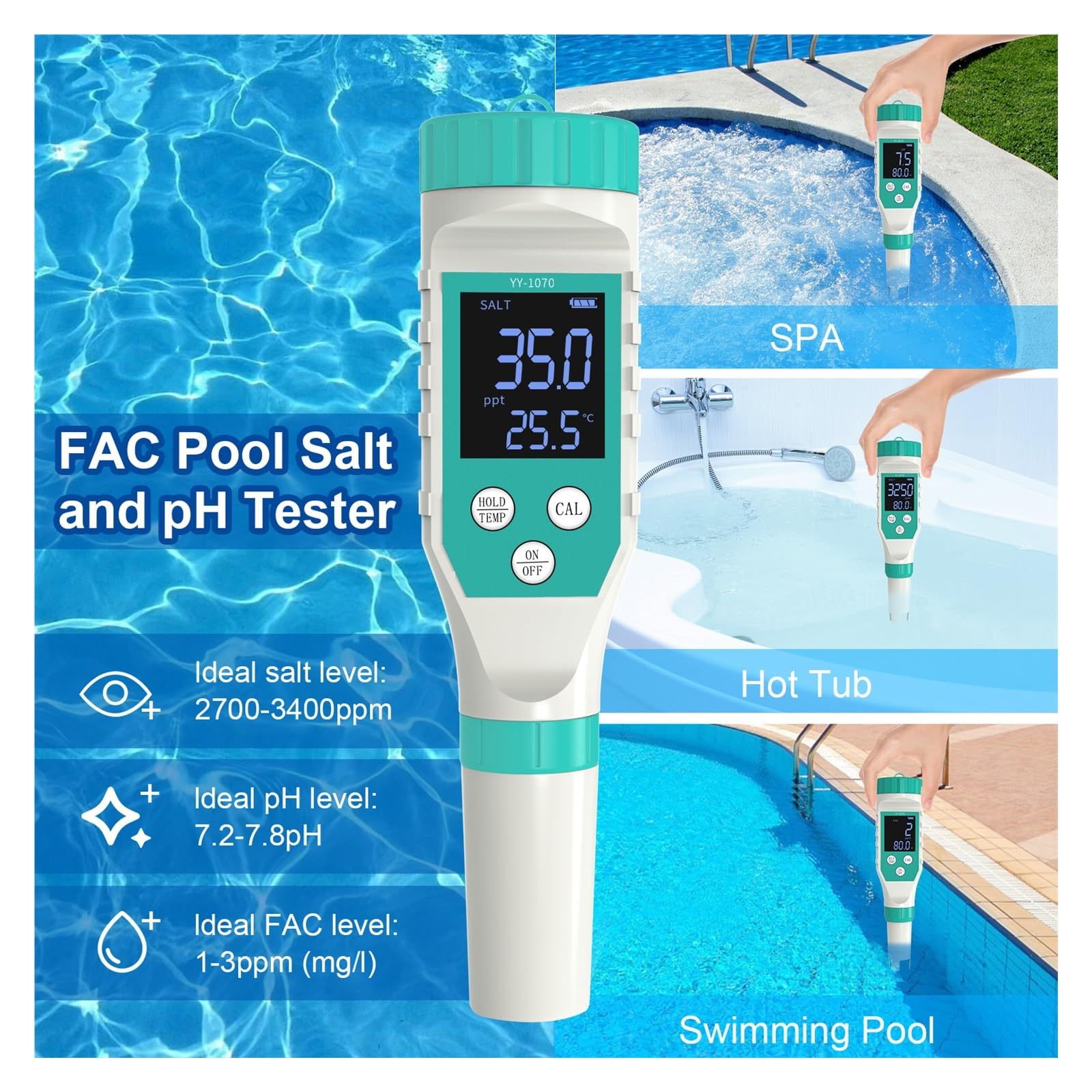 Medidor de pH Monitor Digital de PH/Cloro/ORP/EC/TDS/salinidad/Temp/FAC, Calidad del Agua Piscina, probador PH for, Acuario, SPA hidropónico