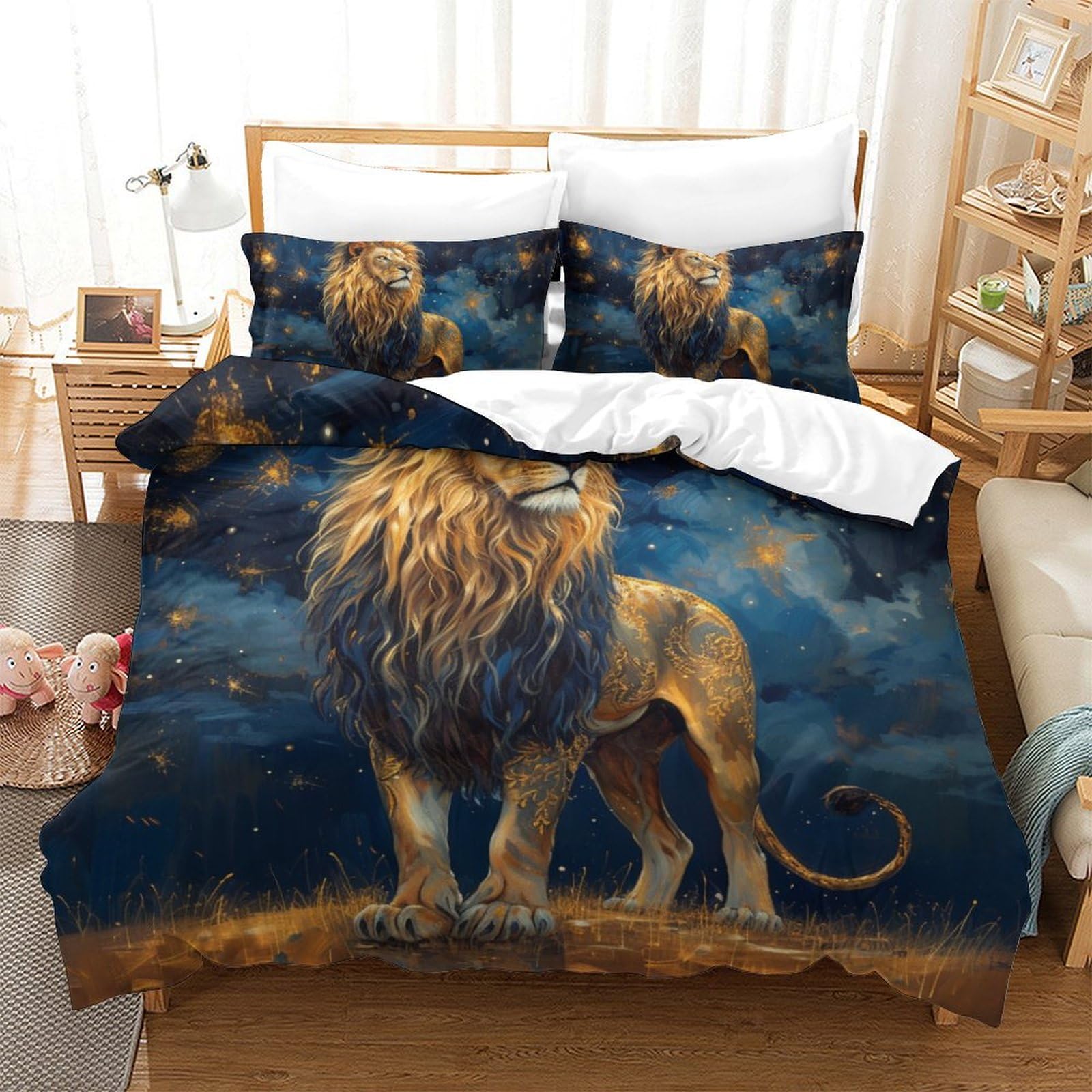 Housse de couette lion 220x240 cm en microfibre pour créer une ambiance jungle en chambre