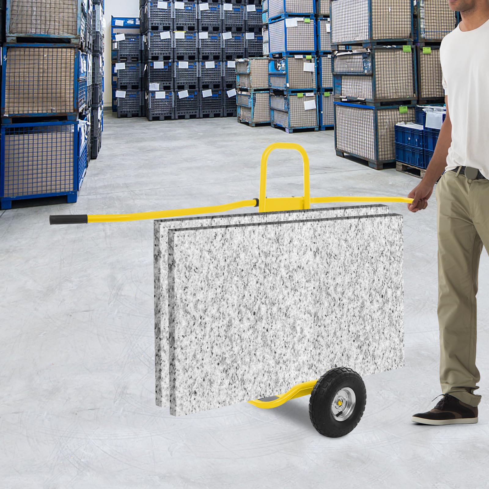 Carro de transporte pesado para placas de yeso y paneles de madera (amarillo) | Carro de hierro resistente con ruedas grandes y asas antideslizantes de 220 kg, ideal para obras, almacén y taller