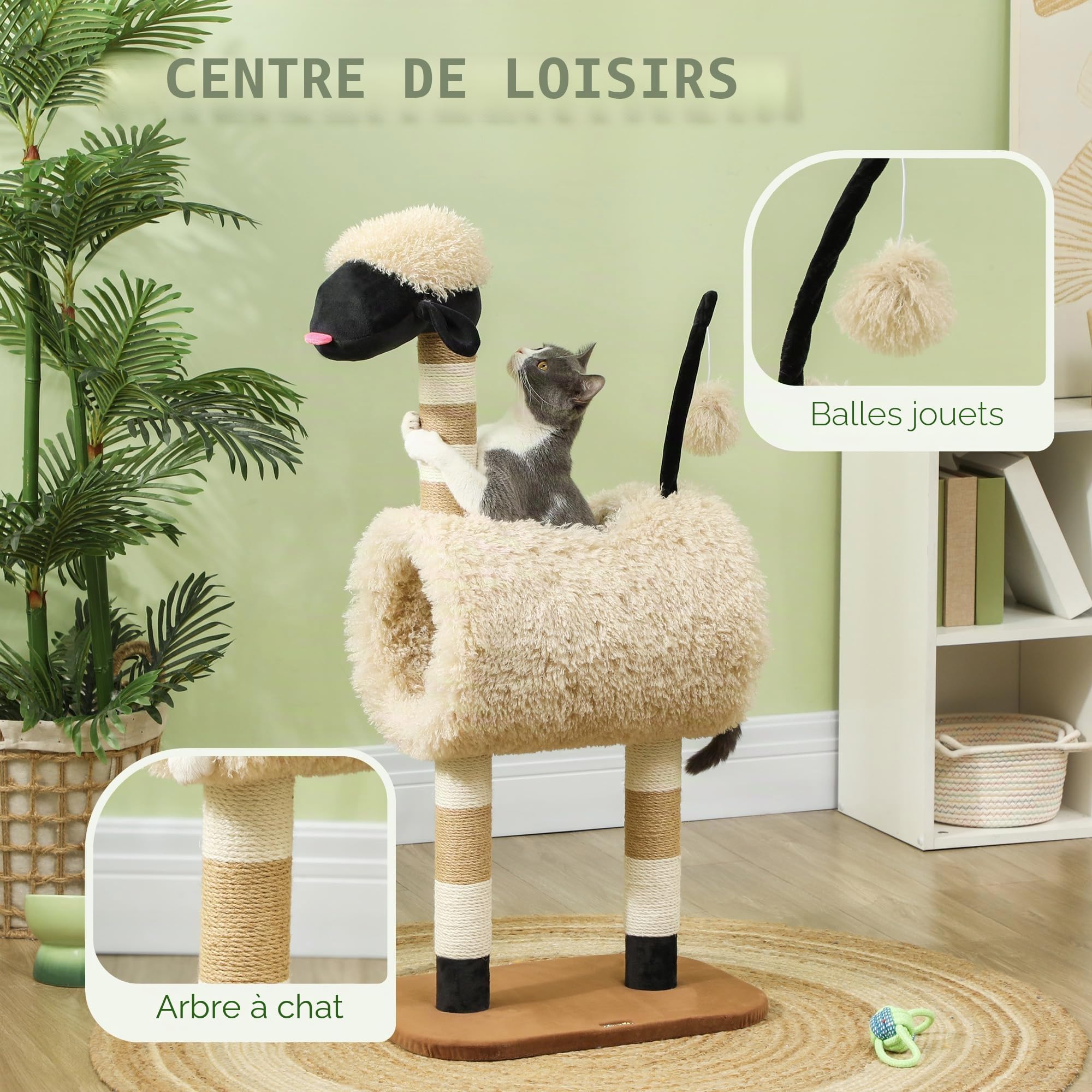 PawHut Arbre à Chat Mouton Tunnel Chaton intérieur 98cm Marron Clair