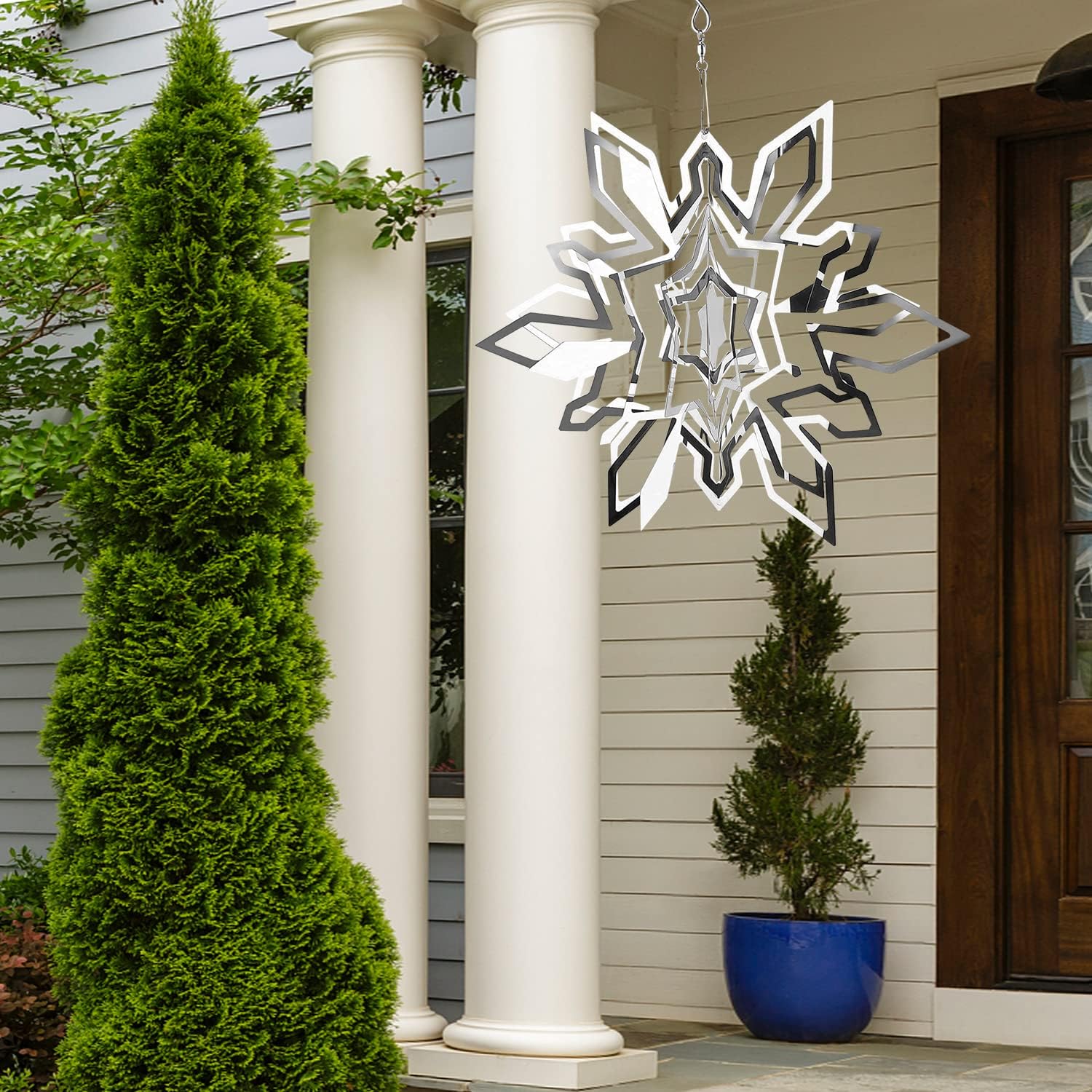 Hanging Wind Spinner Outdoor Metal Decorations, Silver Wind Spinners for Yard and Garden, 3D Mirror Stainless Steel Wind Sculptur Chime Indoor Outdoor Garden Decoration Worth Gift (Snowflake)