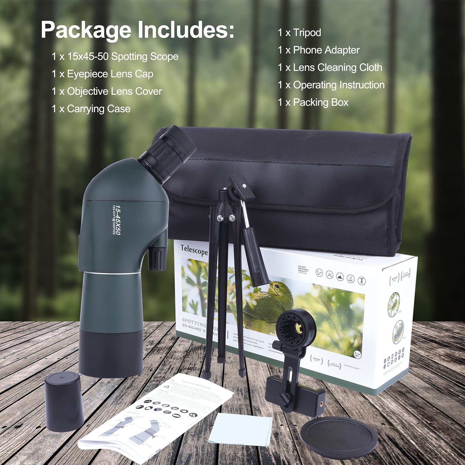 15-45x50 Cannocchiale con Treppiede, Borsa per il Trasporto e Adattatore per Smartphone, FMC Ottica Bak4 Prisma Telescopio Spotting Scope con Smartphone Adapter per Tiro a Segno Birdwatching Caccia