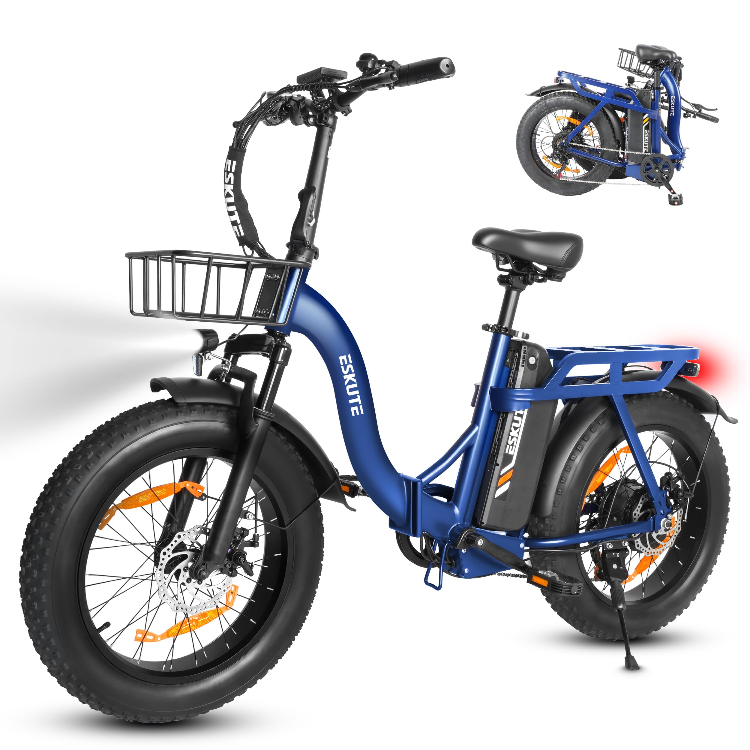 ESKUTE E-Bike D202 PRO, 20×4 Zoll faltbares Fatbike, 48V 20,8Ah Akku, bis 100 km Reichweite, 250W Motor, 7-Gang Schaltung, für Herren & Damen, Gelände, Strand & Schnee