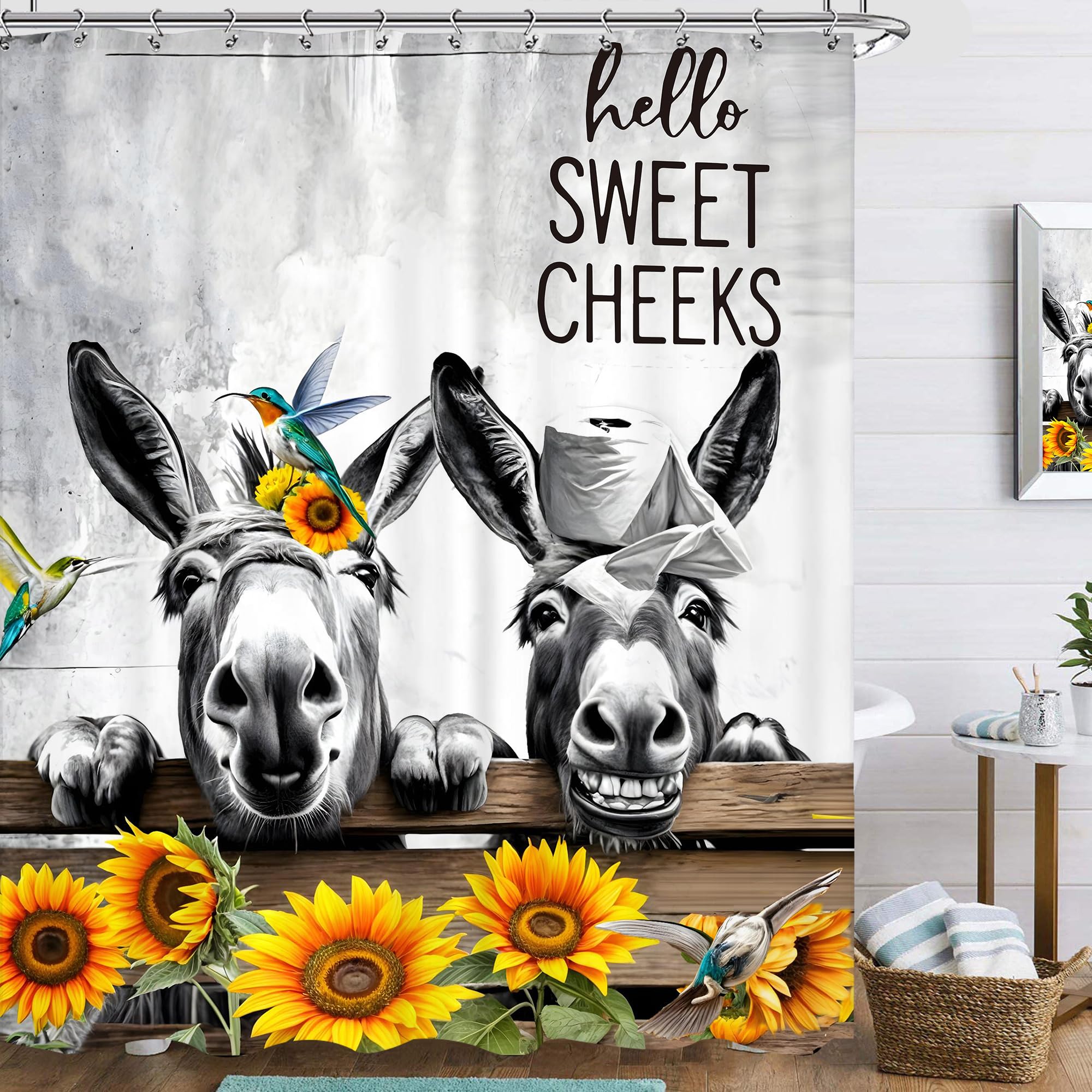 Famiffty Farmhouse Donkey Shower Curtain 60Wx72L Inch Funny Country Sunflower Animal Black White Gray Hello Sweet Cheeks Birds Rustic Yellow Flower Bathroom Accessories Decor Waterproof Fabric 12 Hook