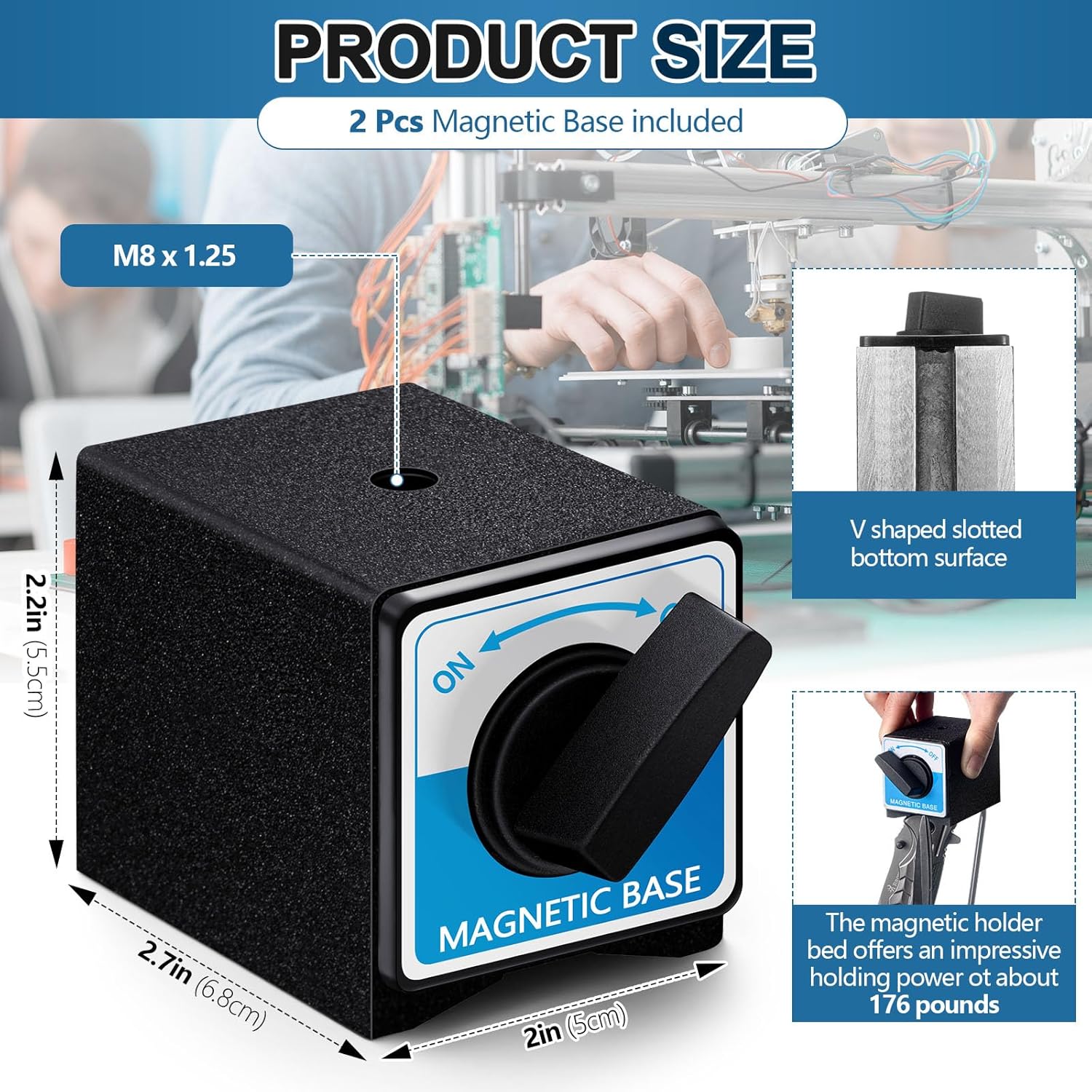 Reallnaive 2 Pcs 8T Magnetic Base Holder Bed On/off Switch 176 Lbs Holding Power Magnetic Holder Bed M8 x 1.25 Tapped Hole Switchable Base Stand Without Adjustment Arm for Indicator 2.7" x 2.2" x 2"
